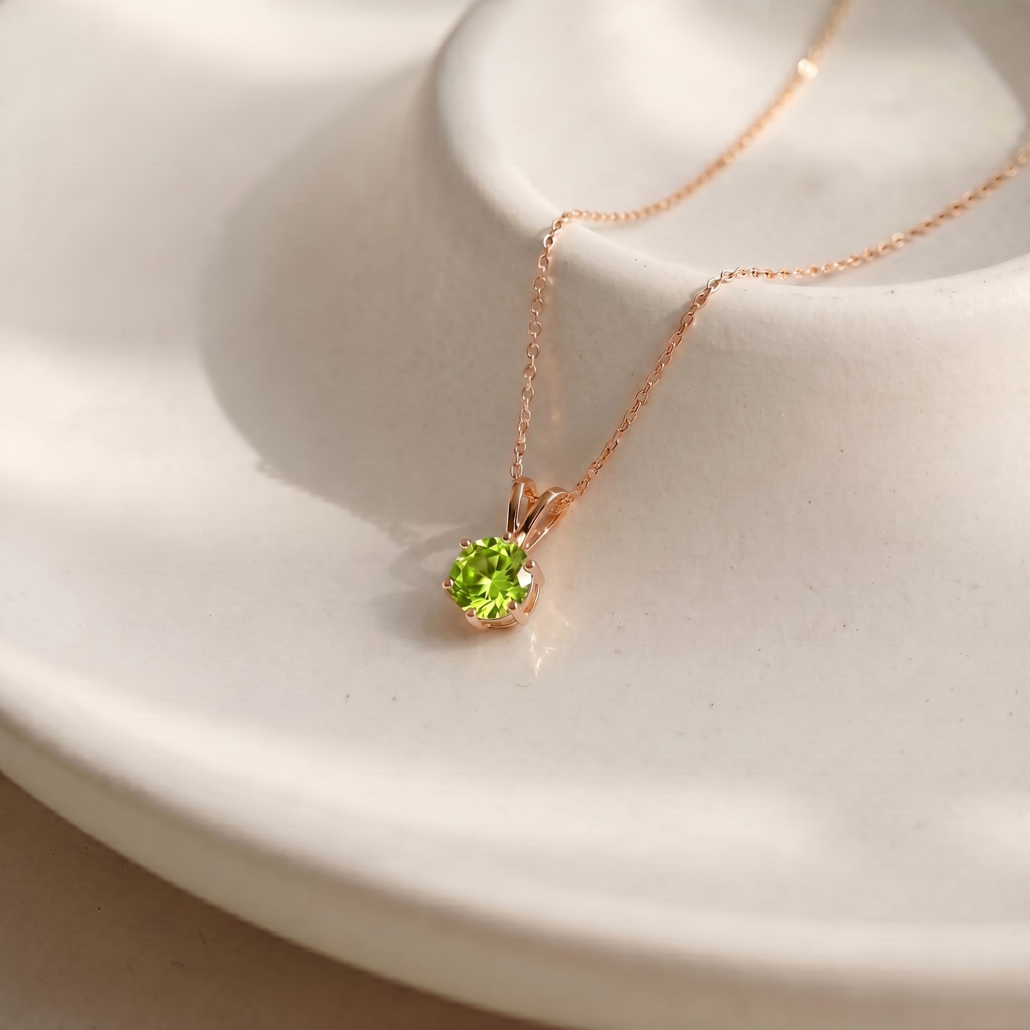 Peridot Necklace, August Birthstone Pendant, Green Gemstone Solitaire Necklace, Dainty Minimalist Jewelry Gift for Her
