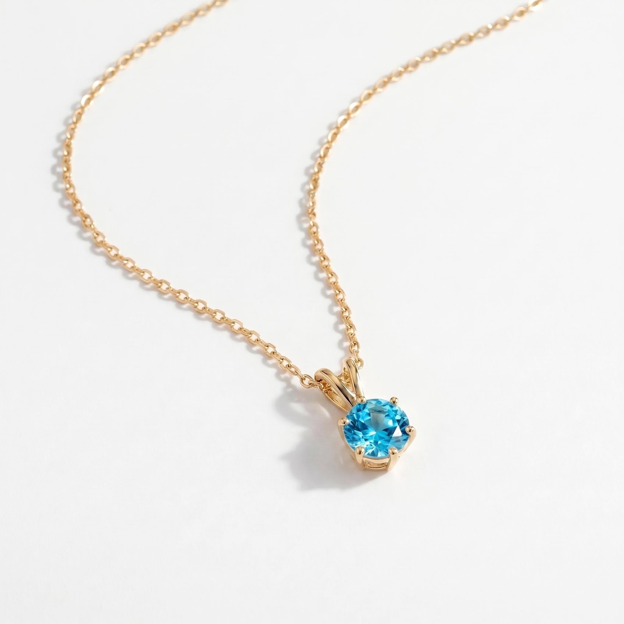 Blue Topaz Necklace, Solitaire Pendant, December Birthstone Necklace, Dainty Round Gemstone Necklace for Her