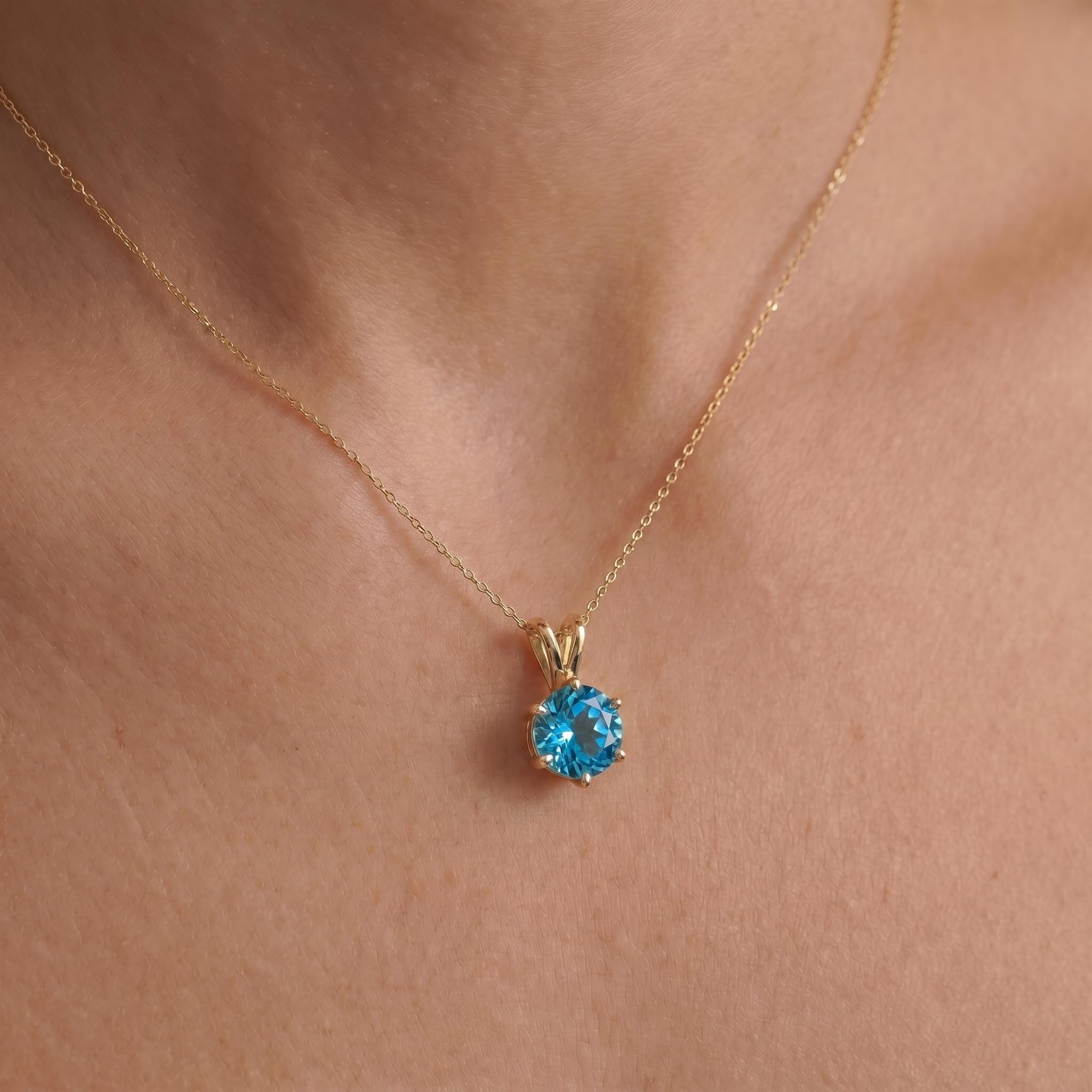 Blue Topaz Necklace, Solitaire Pendant, December Birthstone Necklace, Dainty Round Gemstone Necklace for Her
