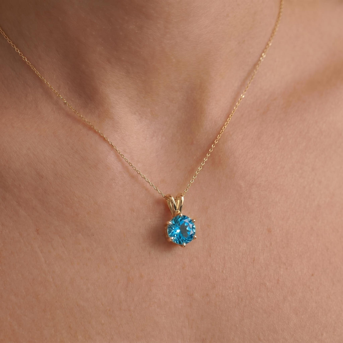 Blue Topaz Necklace, Solitaire Pendant, December Birthstone Necklace, Dainty Round Gemstone Necklace for Her