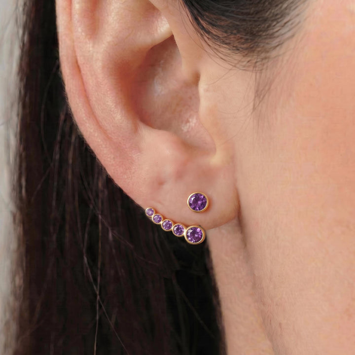 Amethyst Gold Ear Climber Earrings, Delicate Purple Gemstone Ear Crawler, Minimalist Curved Bar Studs, Elegant Everyday Jewelry Gift for Her