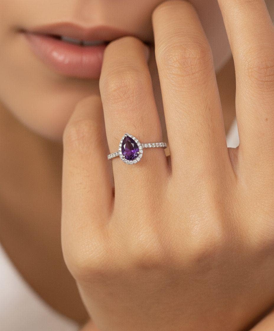 Pear Cut Amethyst Halo Ring, Purple Gemstone Engagement Promise Ring, 14K Gold Silver Bridal Jewelry, Birthstone Gift for Her