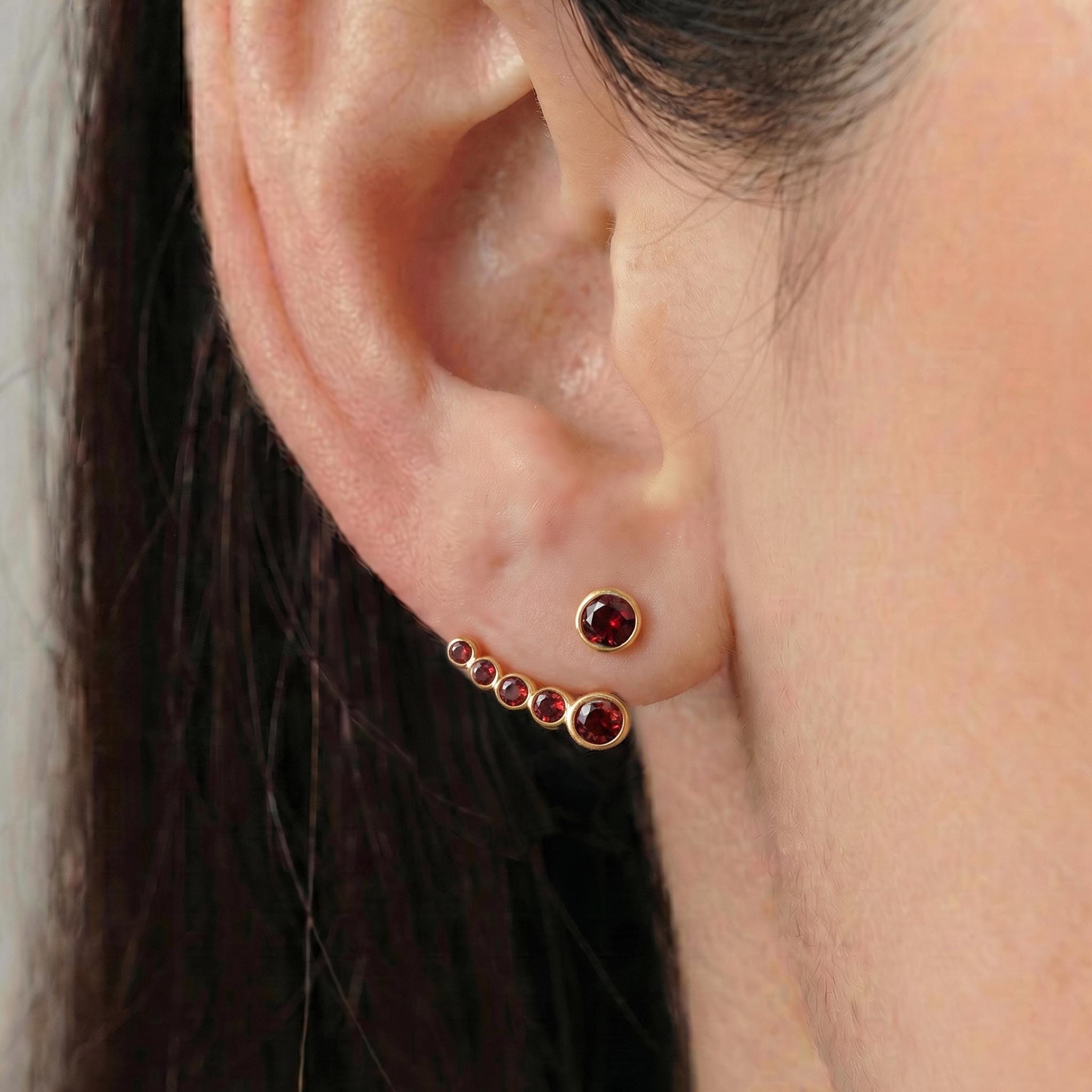 Garnet Ear Climber & Stud Earring Set in Gold | Delicate Bezel Set Gemstone Crawler | January Birthstone Jewelry Gift for Her