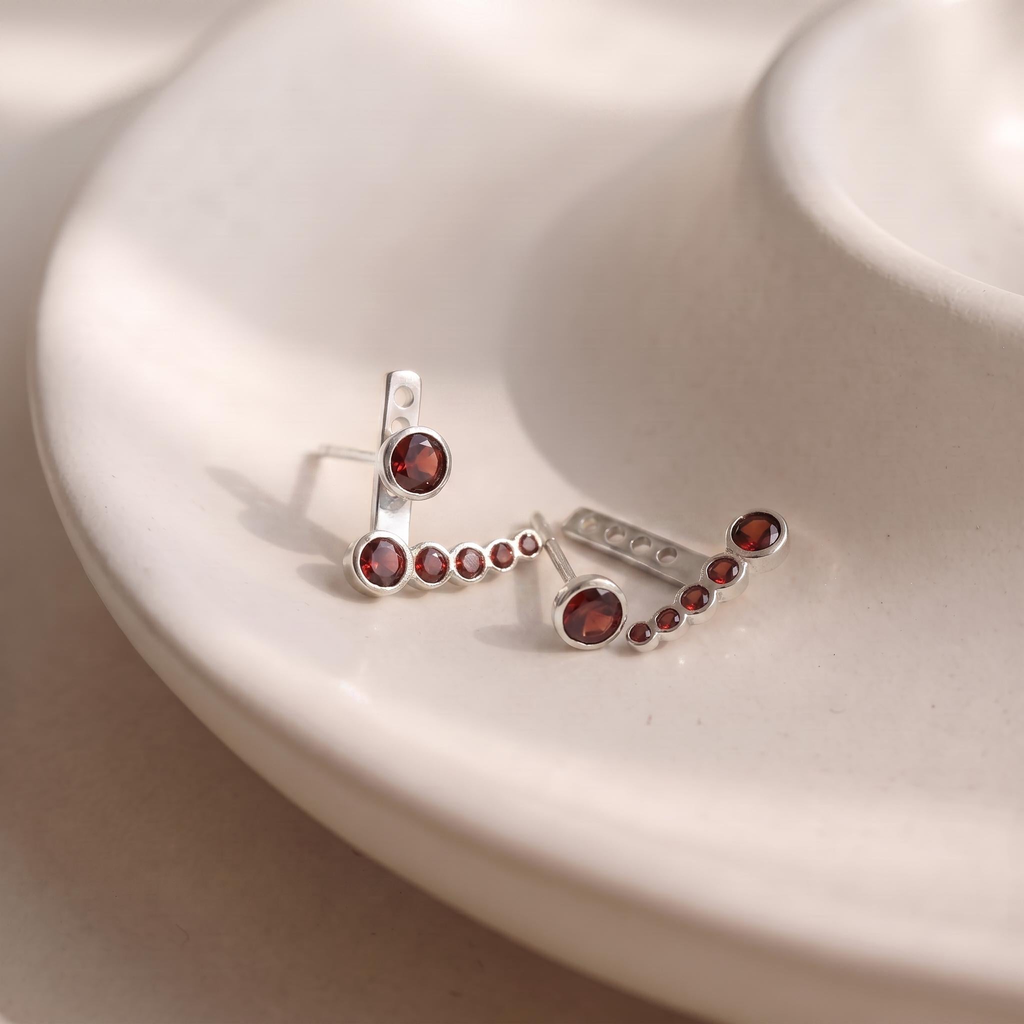 Garnet Ear Climber & Stud Earring Set in Gold | Delicate Bezel Set Gemstone Crawler | January Birthstone Jewelry Gift for Her
