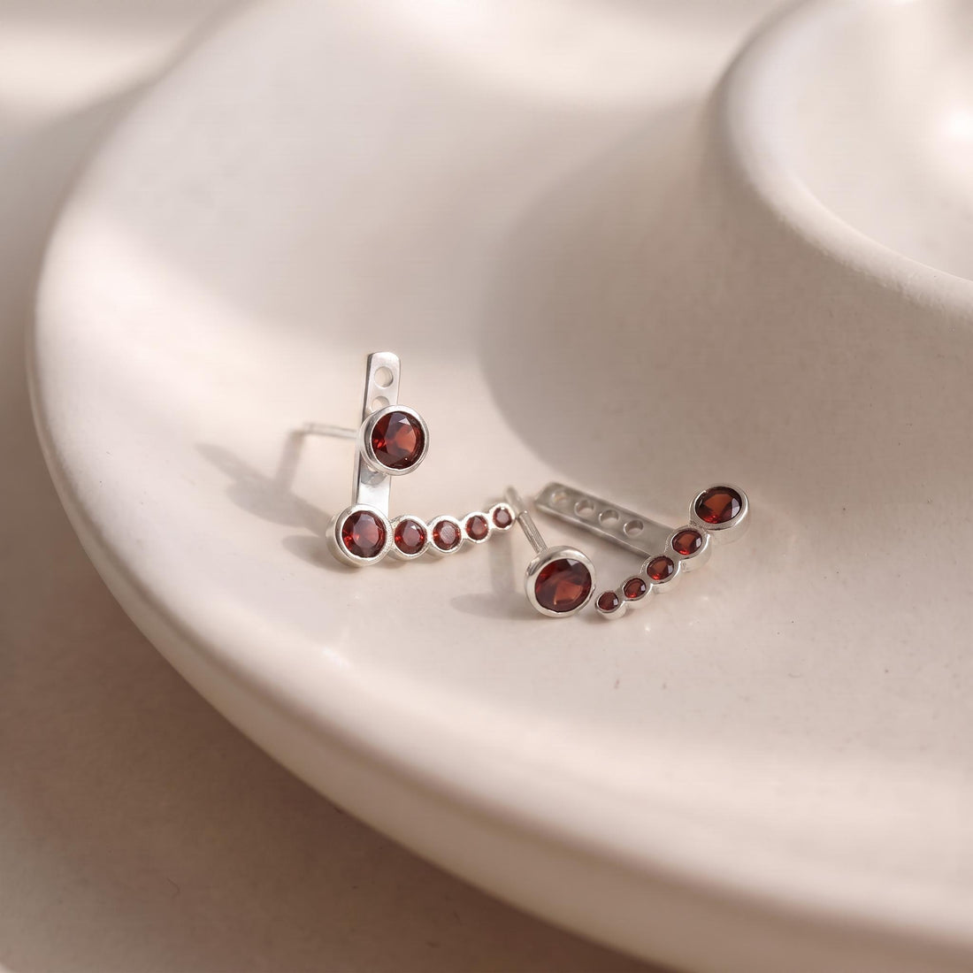 Garnet Ear Climber & Stud Earring Set in Gold | Delicate Bezel Set Gemstone Crawler | January Birthstone Jewelry Gift for Her