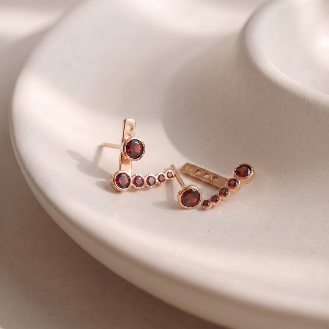 Garnet Ear Climber & Stud Earring Set in Gold | Delicate Bezel Set Gemstone Crawler | January Birthstone Jewelry Gift for Her