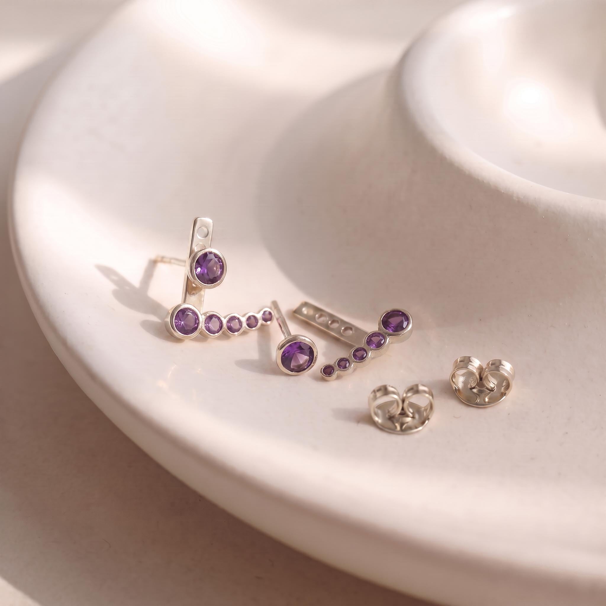 Amethyst Gold Ear Climber Earrings, Delicate Purple Gemstone Ear Crawler, Minimalist Curved Bar Studs, Elegant Everyday Jewelry Gift for Her