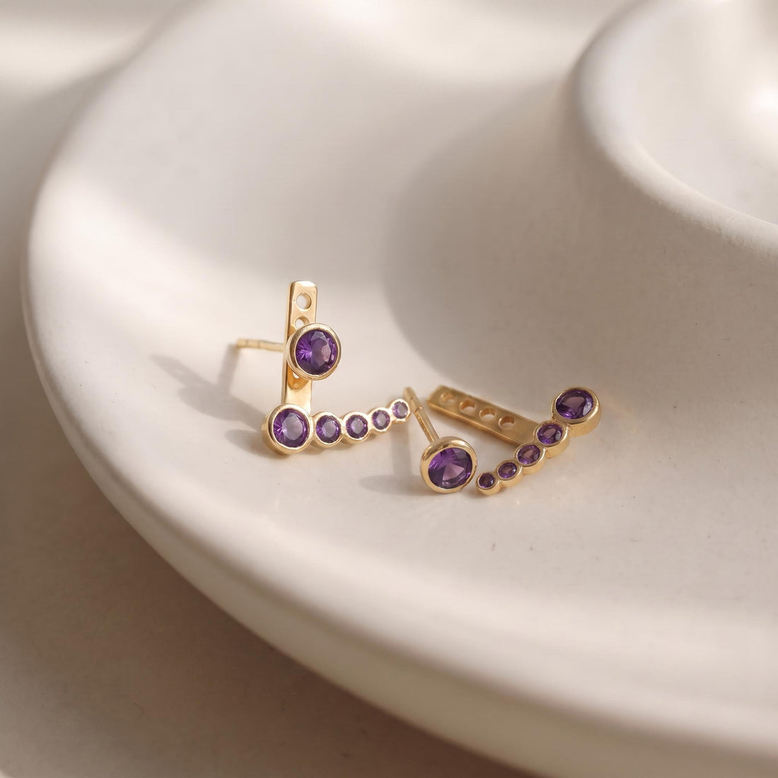 Amethyst Gold Ear Climber Earrings, Delicate Purple Gemstone Ear Crawler, Minimalist Curved Bar Studs, Elegant Everyday Jewelry Gift for Her