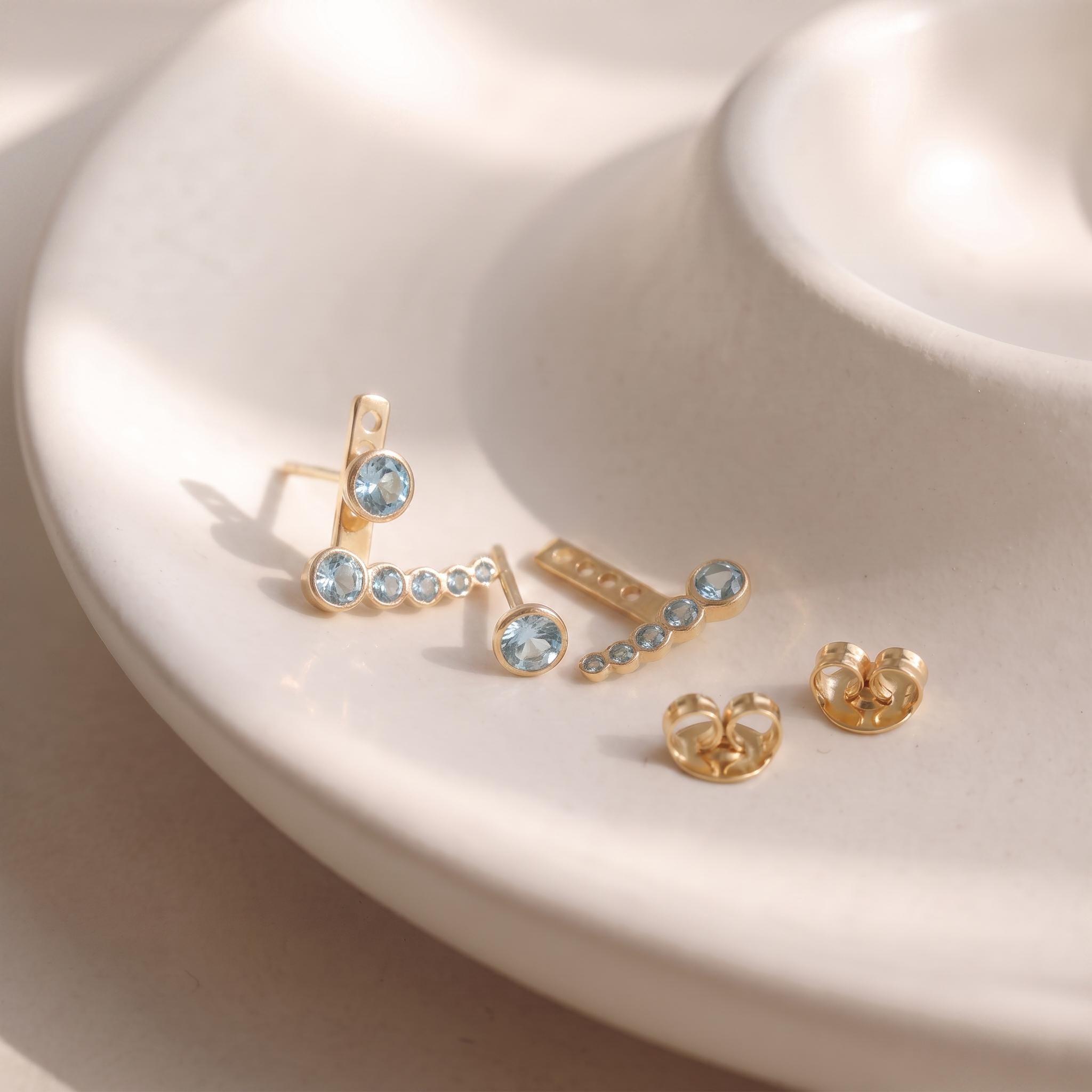 Dainty Gold Aquamarine Ear Jacket Earrings | Bezel Set Blue Topaz Studs | Modern Climber Jewelry