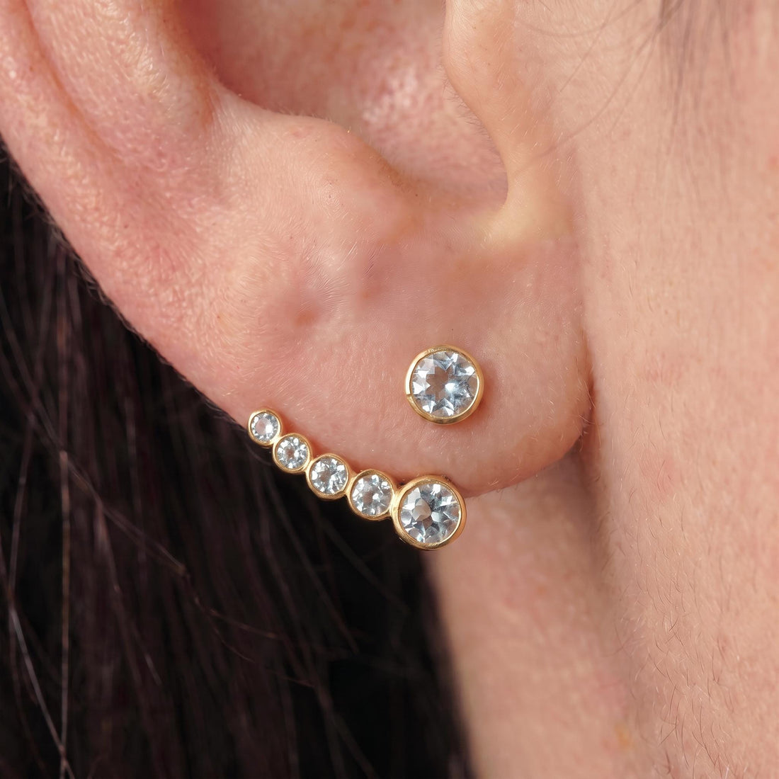 Dainty Gold Aquamarine Ear Jacket Earrings | Bezel Set Blue Topaz Studs | Modern Climber Jewelry