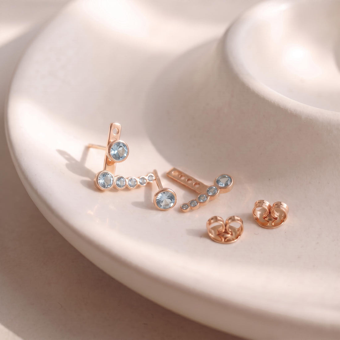 Dainty Gold Aquamarine Ear Jacket Earrings | Bezel Set Blue Topaz Studs | Modern Climber Jewelry