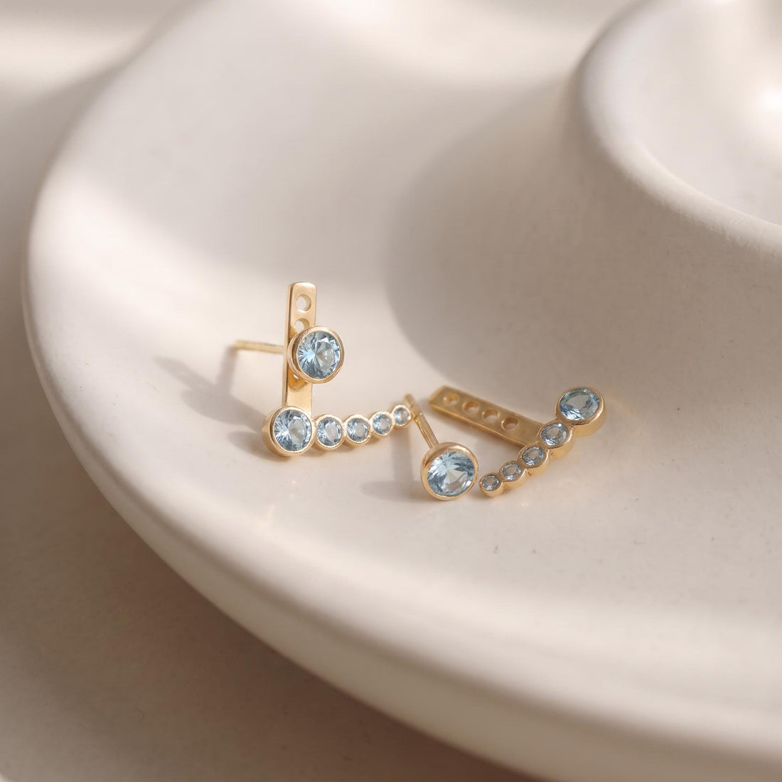 Dainty Gold Aquamarine Ear Jacket Earrings | Bezel Set Blue Topaz Studs | Modern Climber Jewelry