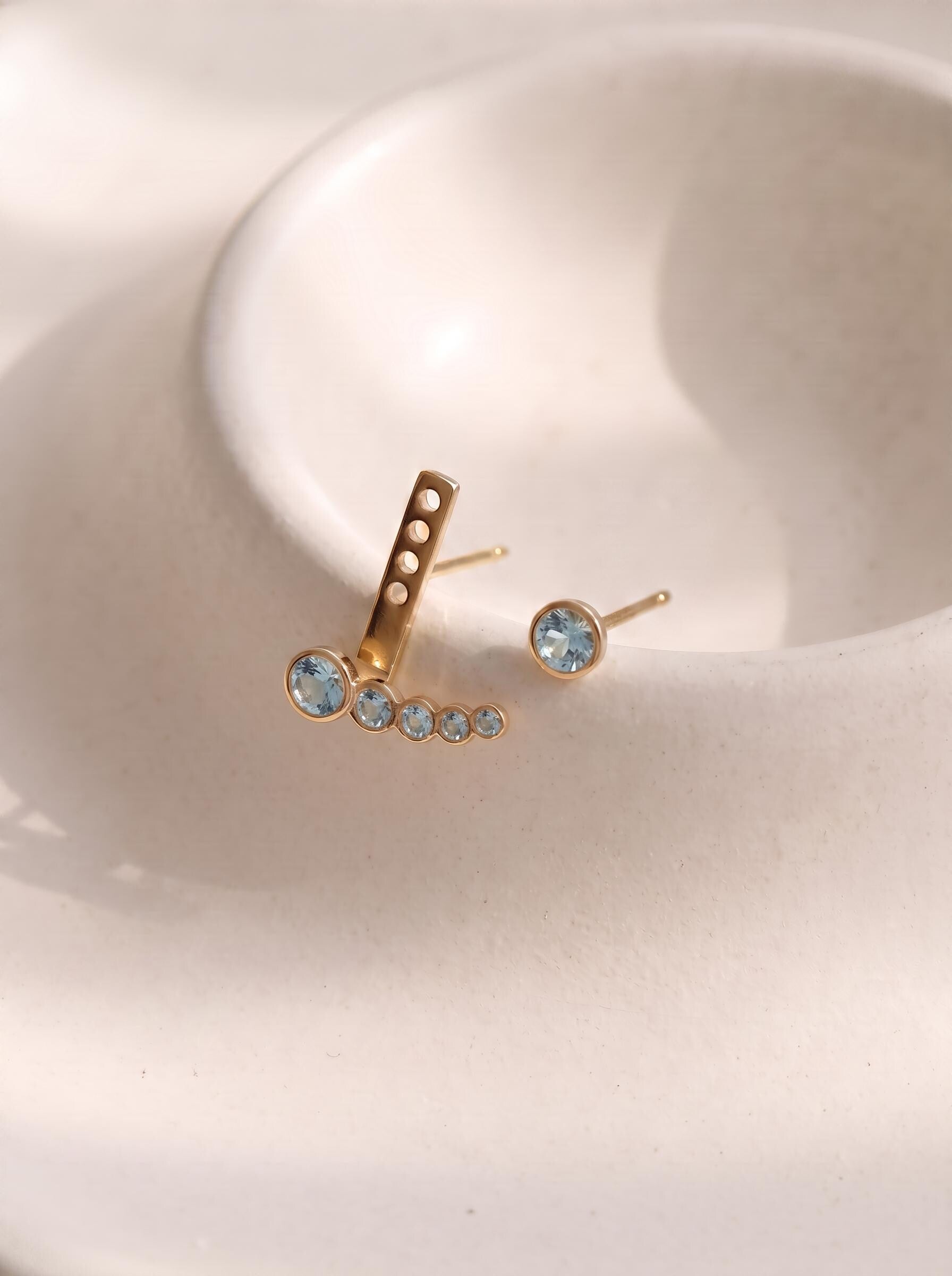 Dainty Gold Aquamarine Ear Jacket Earrings | Bezel Set Blue Topaz Studs | Modern Climber Jewelry