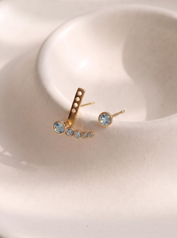 Dainty Gold Aquamarine Ear Jacket Earrings | Bezel Set Blue Topaz Studs | Modern Climber Jewelry