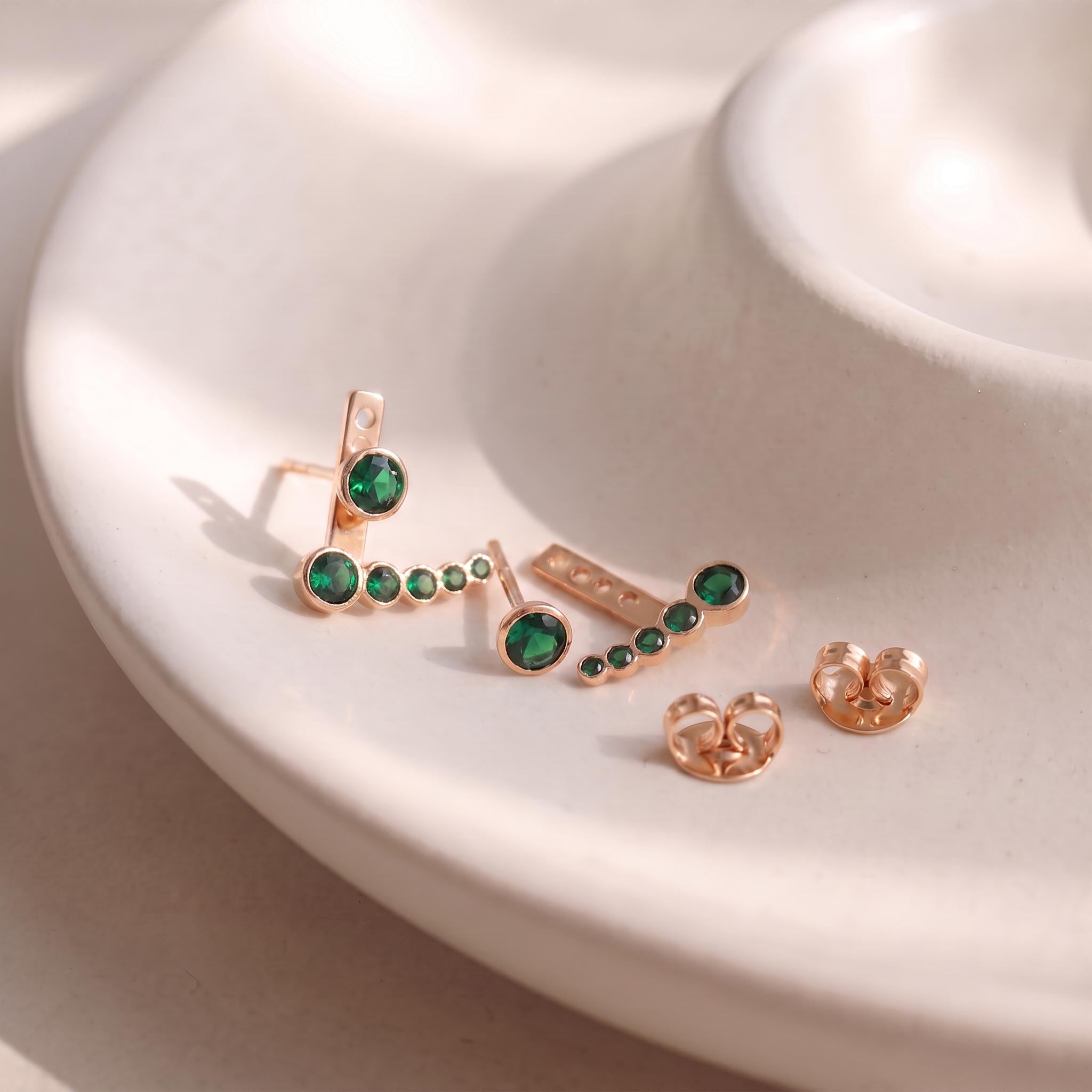 Emerald Green Ear Jacket Earrings | Rose Gold Ear Climber Studs | Dainty Gemstone Stackable Jewelry | Unique Minimalist Gift for Her