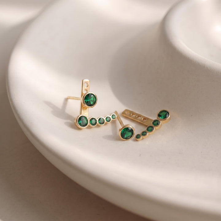 Emerald Green Ear Jacket Earrings | Rose Gold Ear Climber Studs | Dainty Gemstone Stackable Jewelry | Unique Minimalist Gift for Her