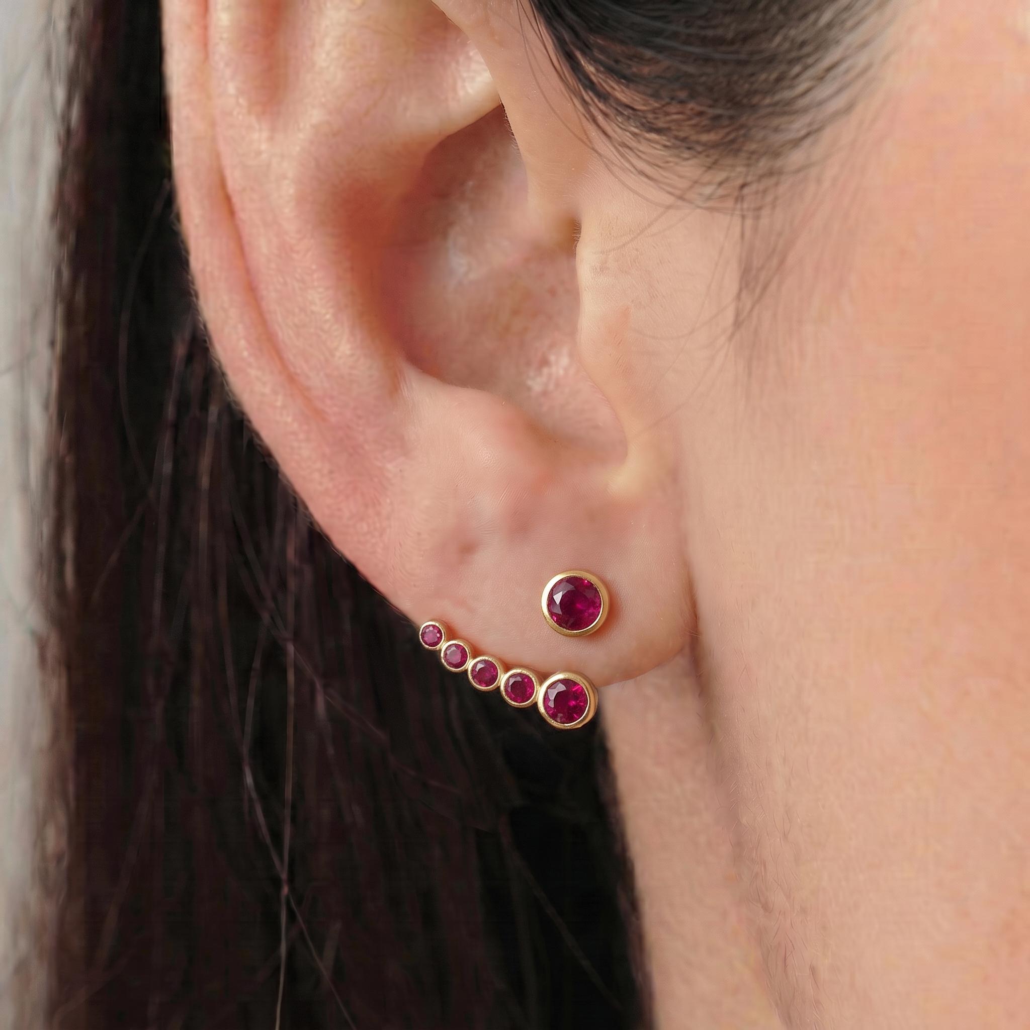 Dainty Gold Ruby Ear Climbers, Minimalist Bezel Set Red Gemstone Earrings, Elegant Crawler Studs, Unique Jewelry Gift