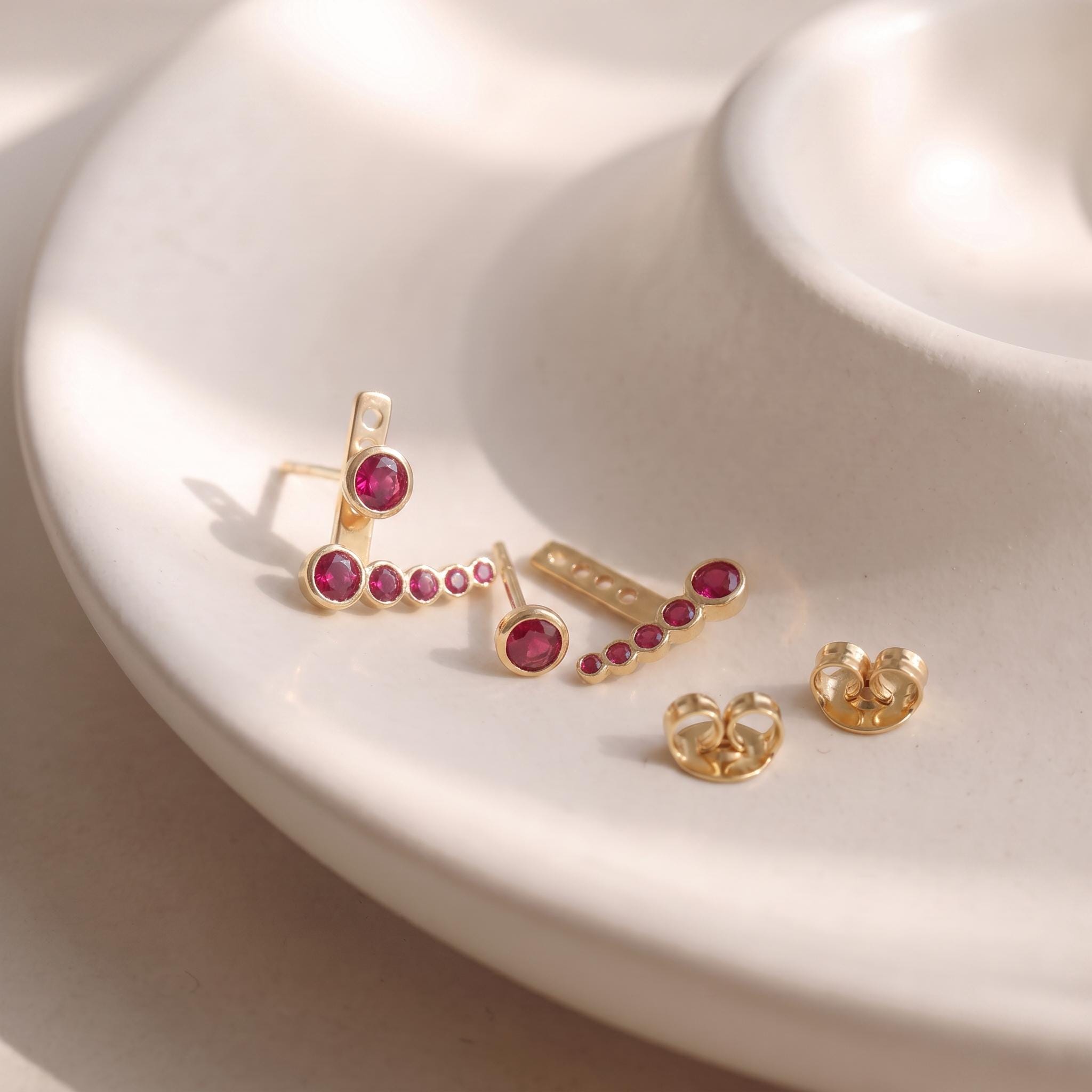Dainty Gold Ruby Ear Climbers, Minimalist Bezel Set Red Gemstone Earrings, Elegant Crawler Studs, Unique Jewelry Gift