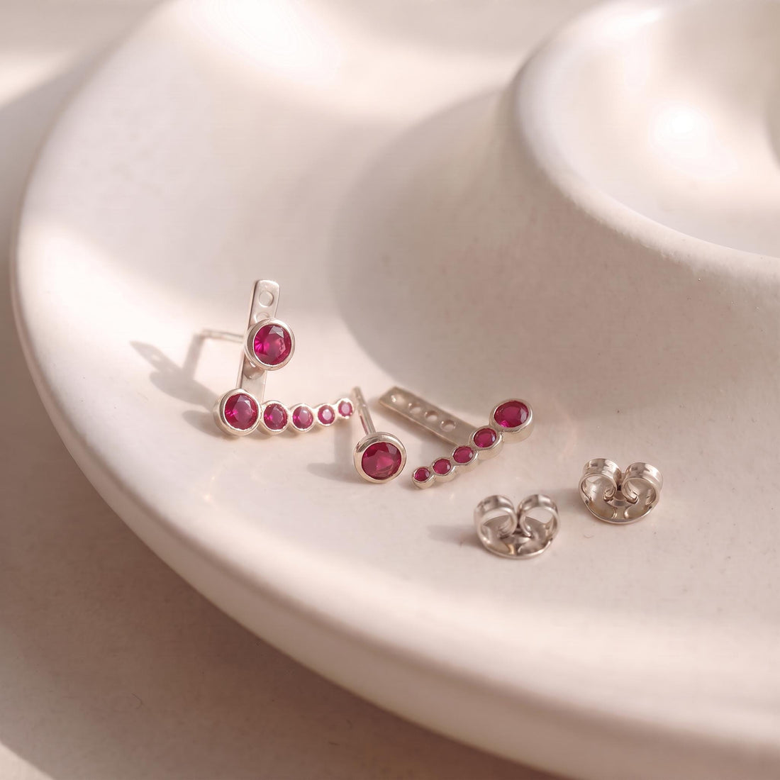 Dainty Gold Ruby Ear Climbers, Minimalist Bezel Set Red Gemstone Earrings, Elegant Crawler Studs, Unique Jewelry Gift