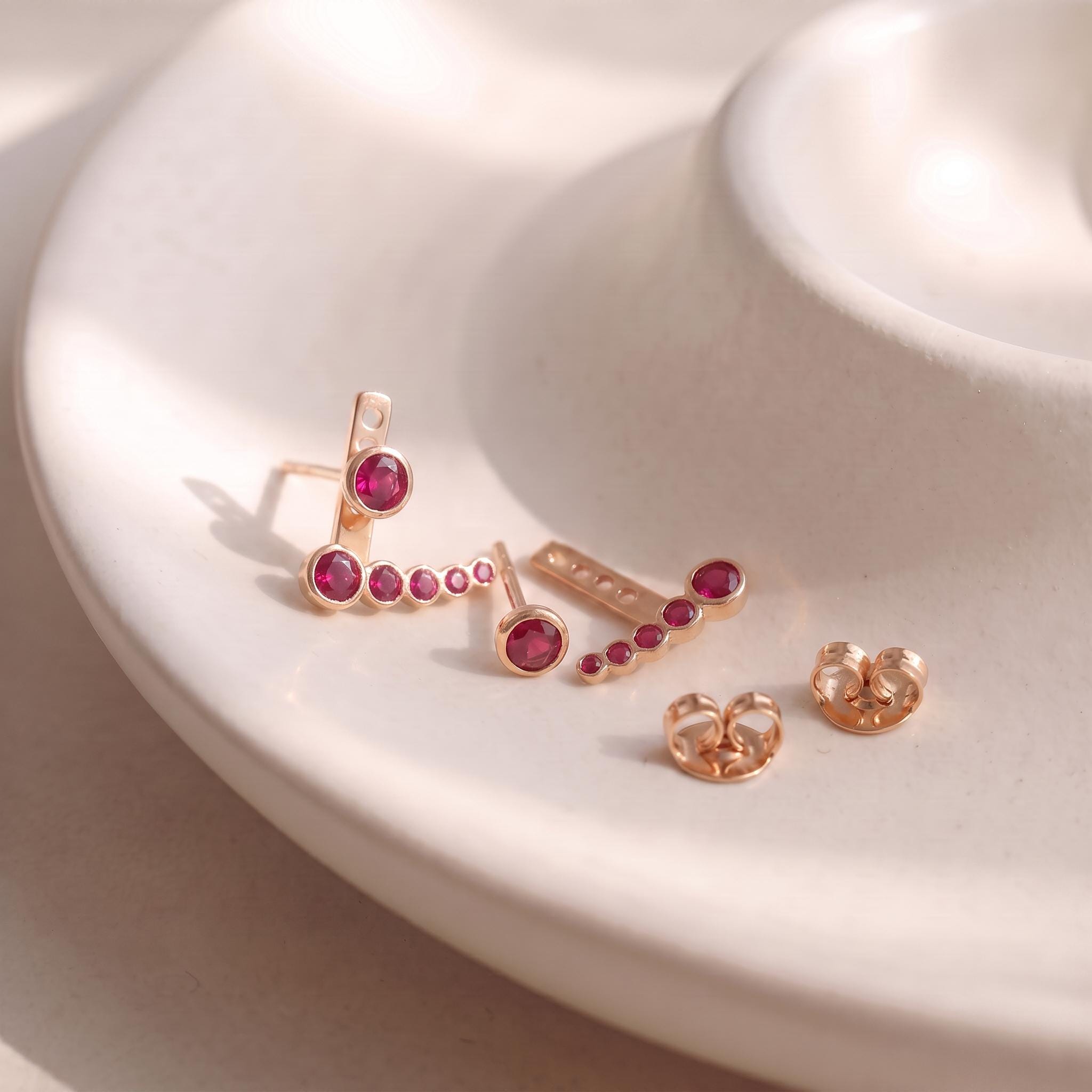 Dainty Gold Ruby Ear Climbers, Minimalist Bezel Set Red Gemstone Earrings, Elegant Crawler Studs, Unique Jewelry Gift