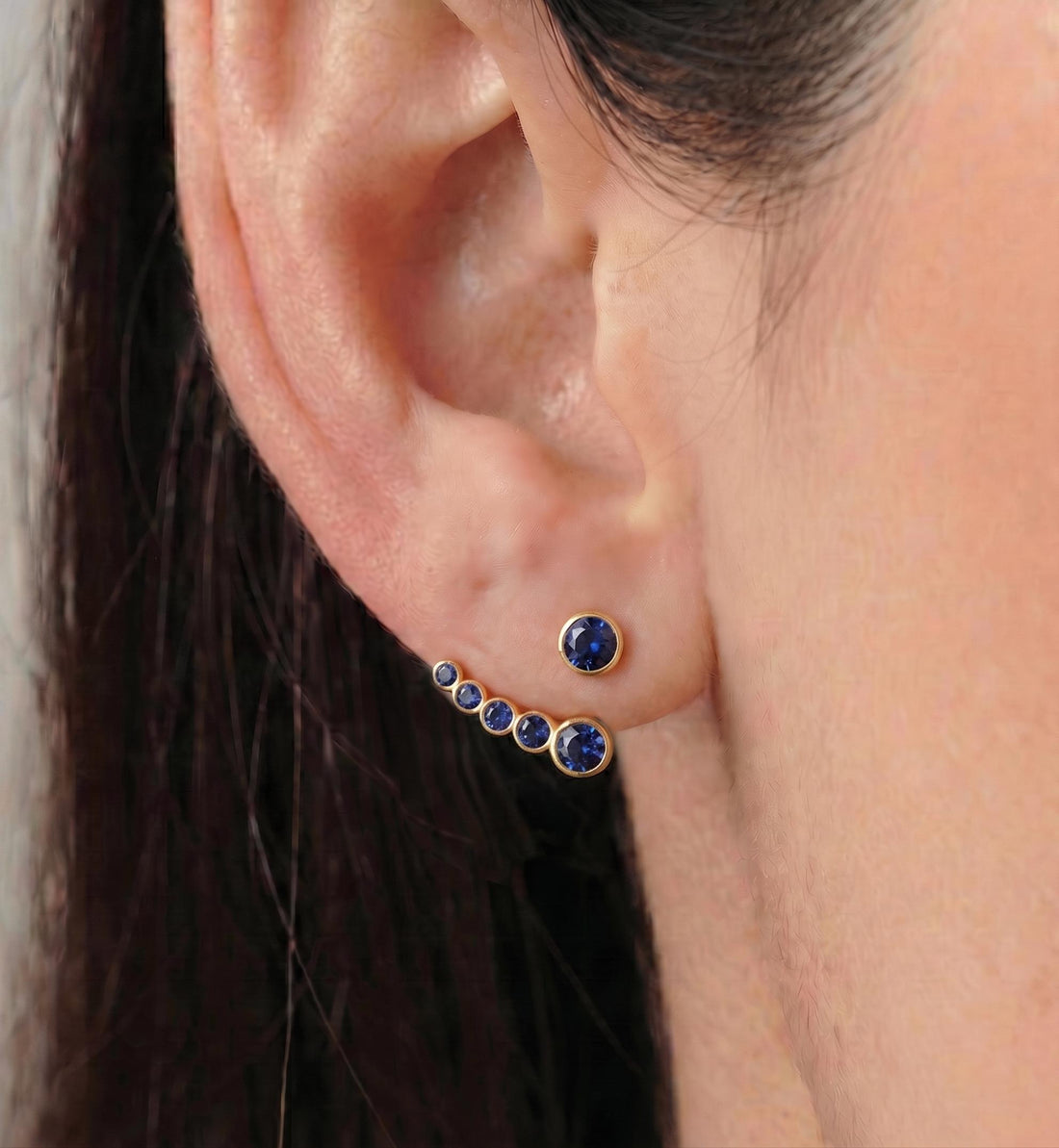 Delicate Sapphire Ear Climber & Stud Set | 14K Gold Bezel Gemstone Earrings | Minimalist September Birthstone Jewelry Gift for Her
