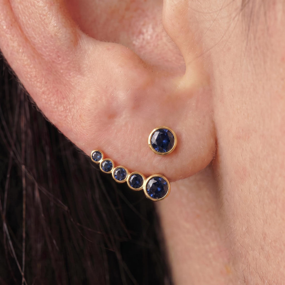 Delicate Sapphire Ear Climber & Stud Set | 14K Gold Bezel Gemstone Earrings | Minimalist September Birthstone Jewelry Gift for Her
