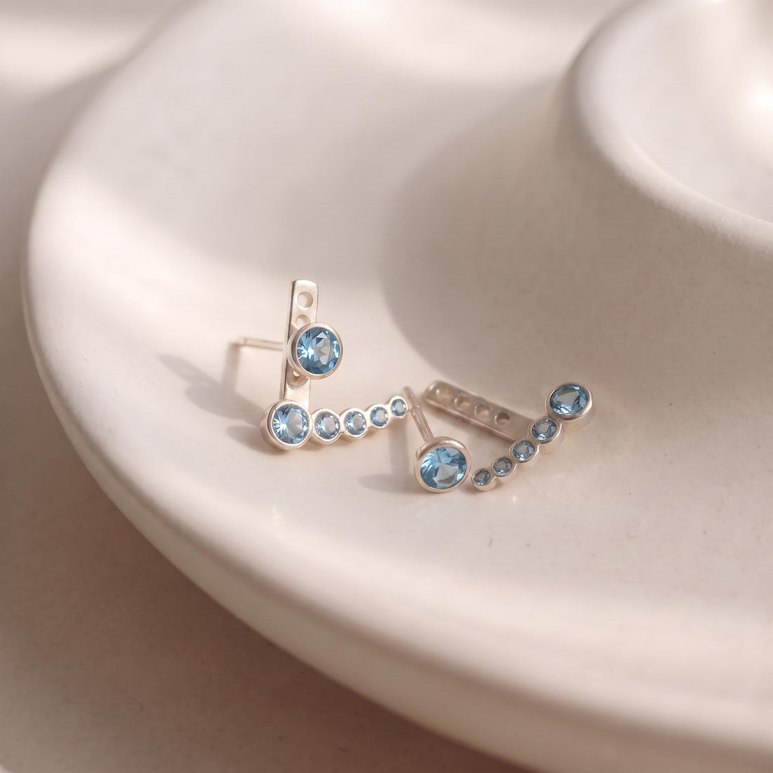 Blue Topaz Ear Climber & Stud Set | 14K Gold Filled Gemstone Earrings | Dainty Minimalist Crawler | December Birthstone Gift for Her