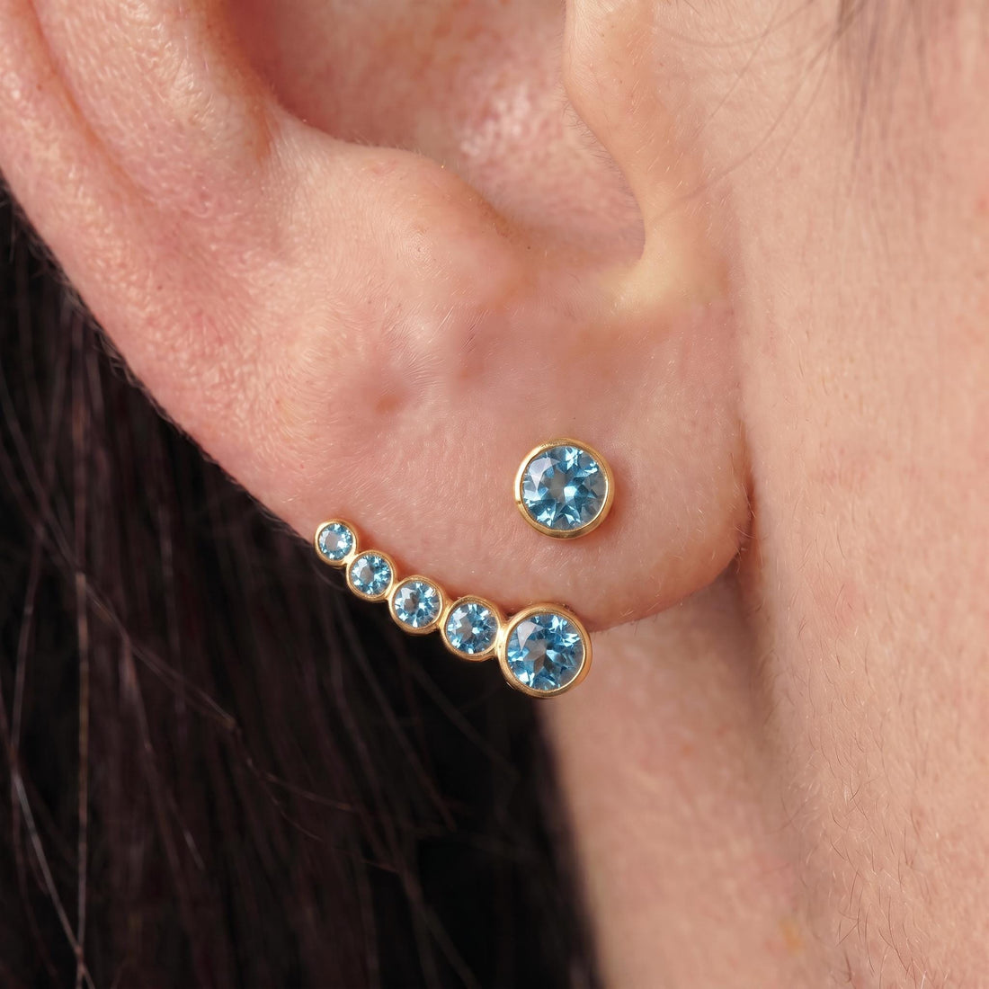 Blue Topaz Ear Climber & Stud Set | 14K Gold Filled Gemstone Earrings | Dainty Minimalist Crawler | December Birthstone Gift for Her
