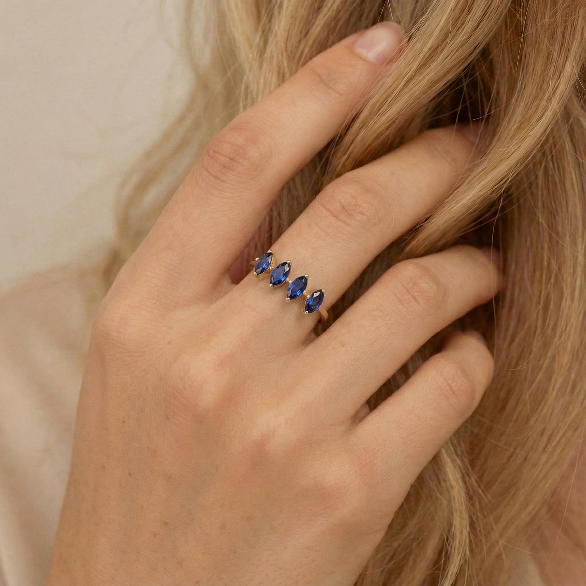Blue Sapphire Ring 14k Gold, Marquise Wedding Band, Valentine Gift for Her, 4 Stone Anniversary Ring, September Birthstone, Romantic Jewelry