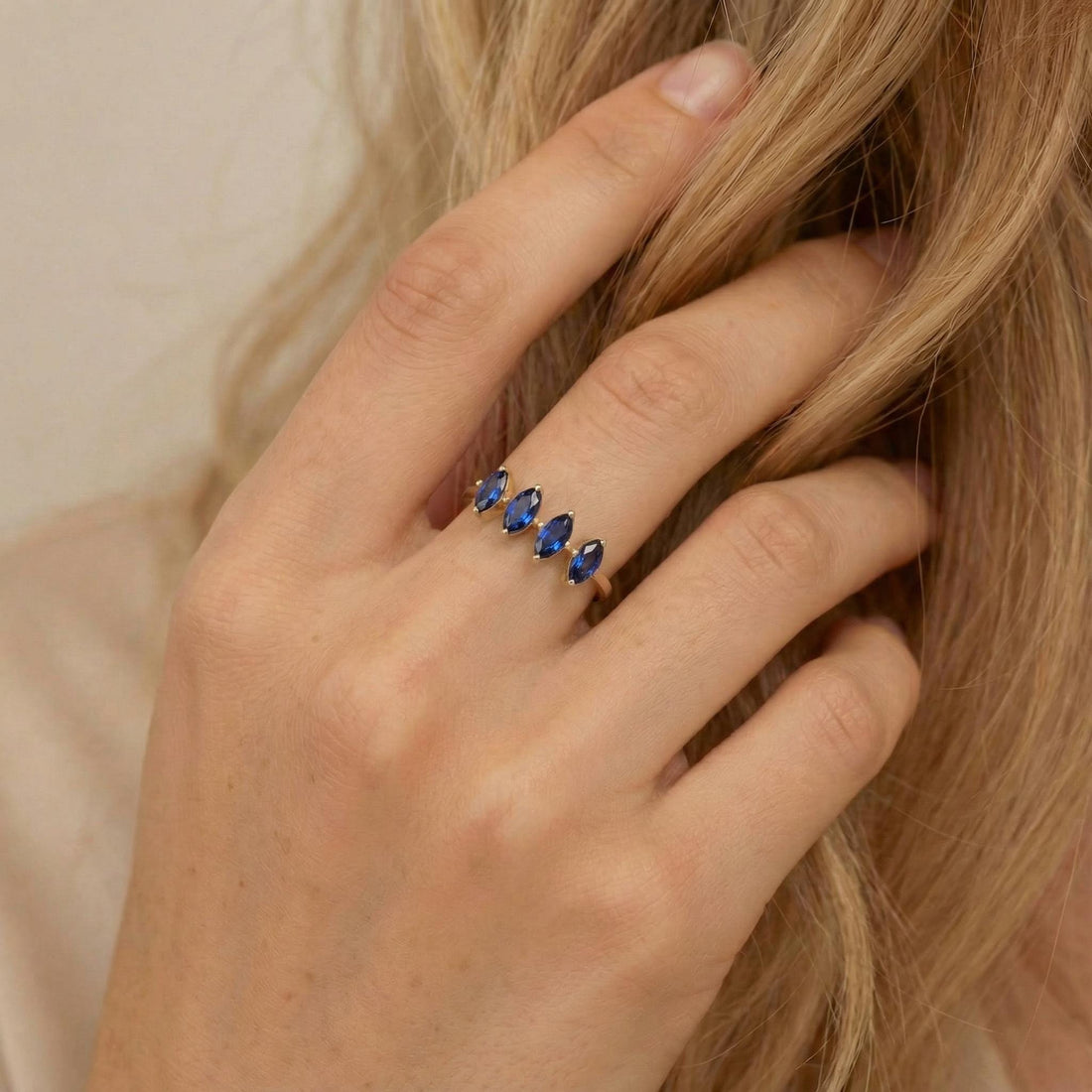 Blue Sapphire Ring 14k Gold, Marquise Wedding Band, Valentine Gift for Her, 4 Stone Anniversary Ring, September Birthstone, Romantic Jewelry