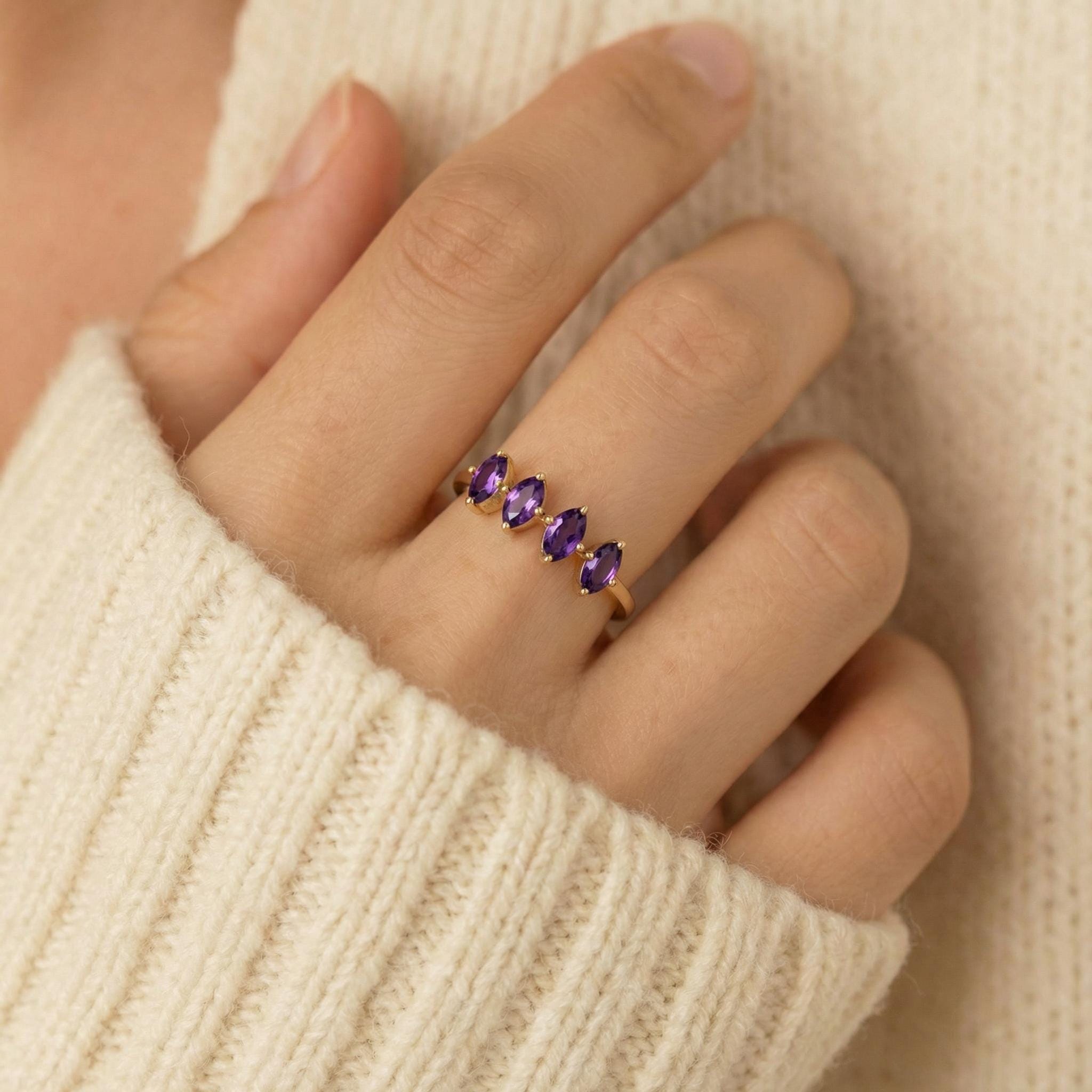 Marquise Amethyst Ring 14K Gold, 4 Stone Purple Gemstone Wedding Band, Art Deco February Birthstone Anniversary Gift, Unique Stacking Ring