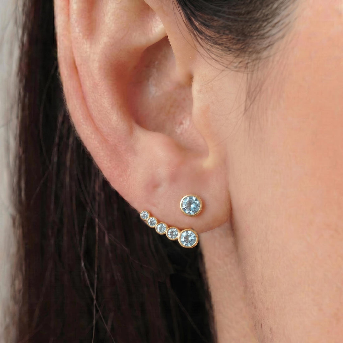 Dainty Gold Aquamarine Ear Jacket Earrings | Bezel Set Blue Topaz Studs | Modern Climber Jewelry