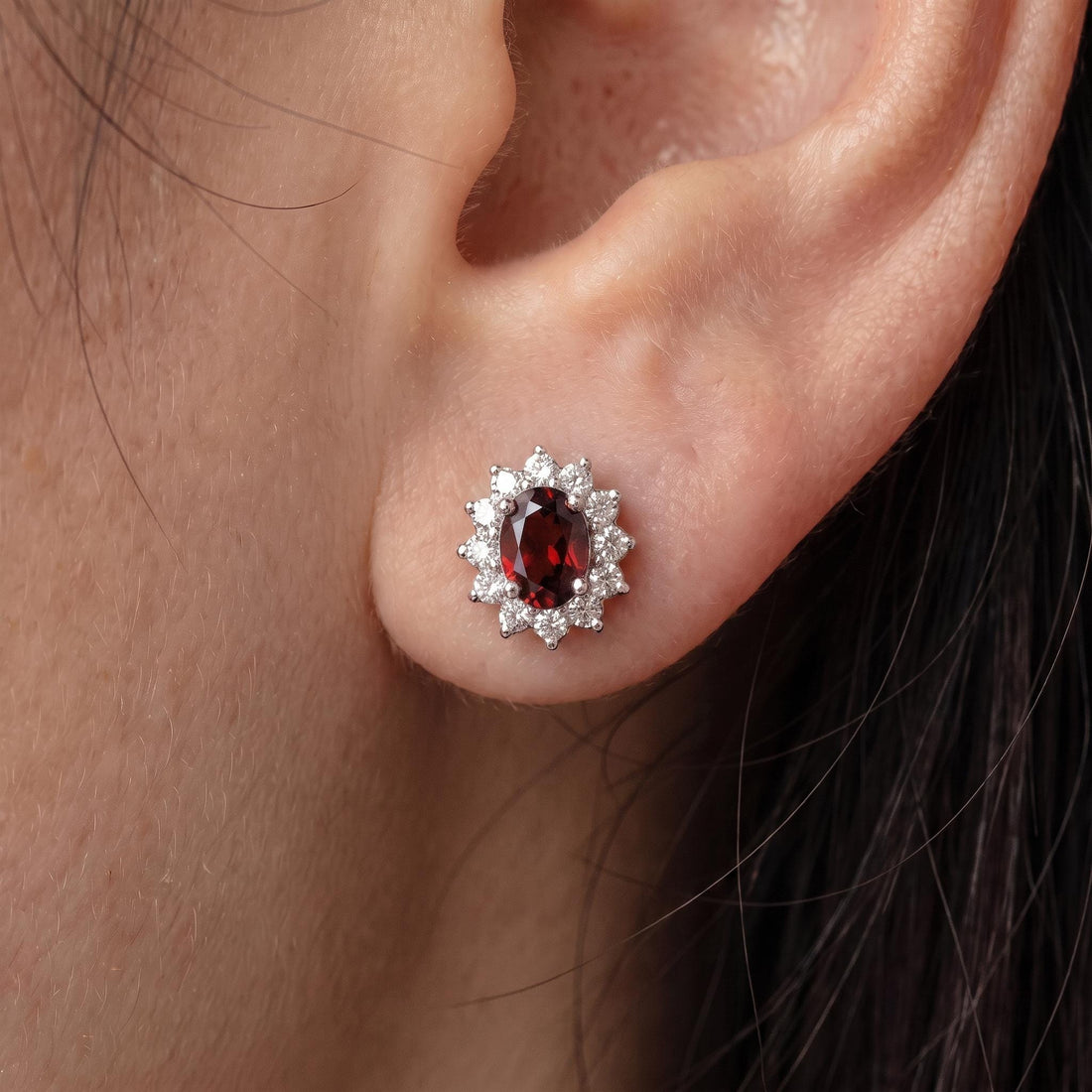 Red Garnet & Diamond Halo Stud Earrings | Oval Gemstone White Gold Fine Jewelry | January Birthstone Gift for Her