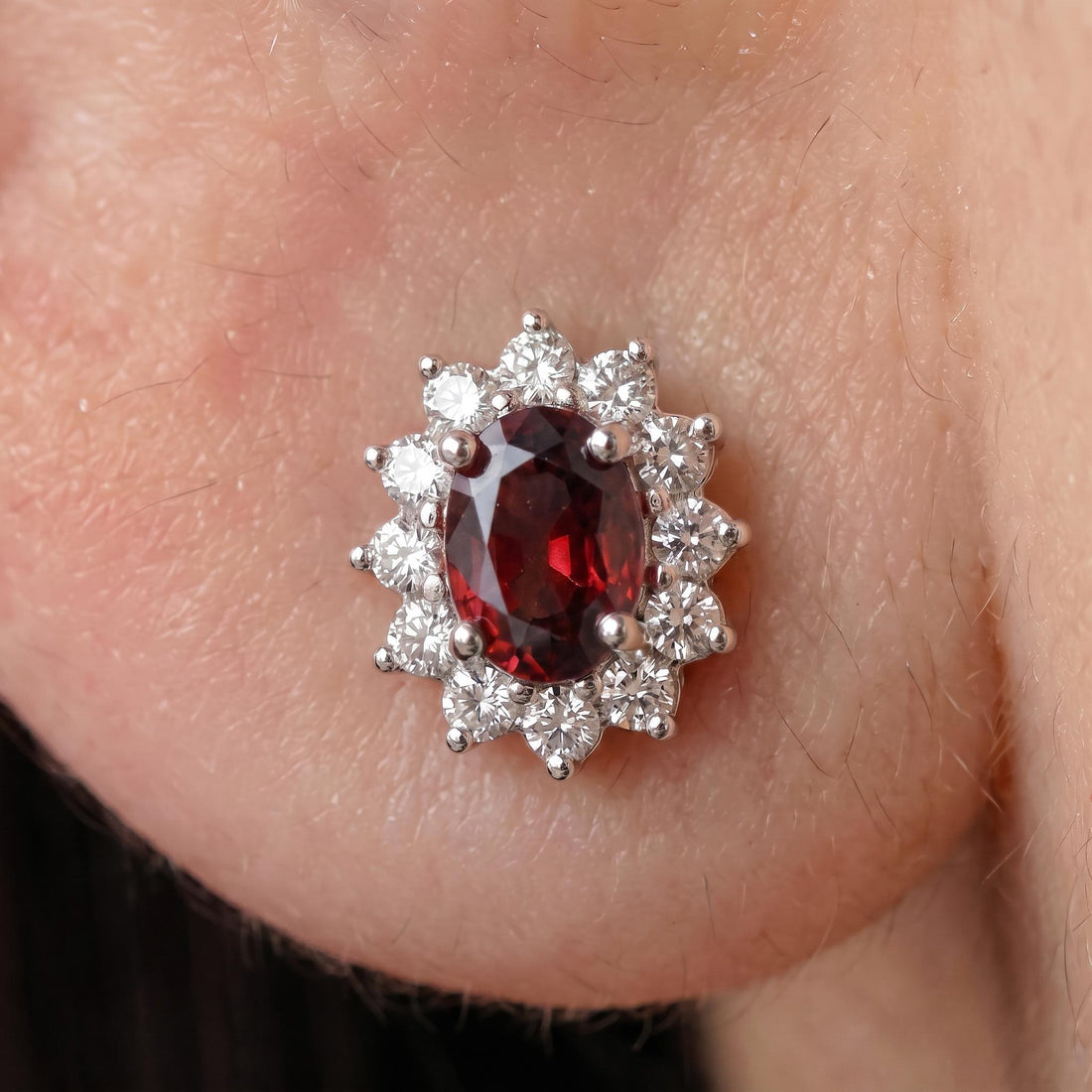 Red Garnet & Diamond Halo Stud Earrings | Oval Gemstone White Gold Fine Jewelry | January Birthstone Gift for Her