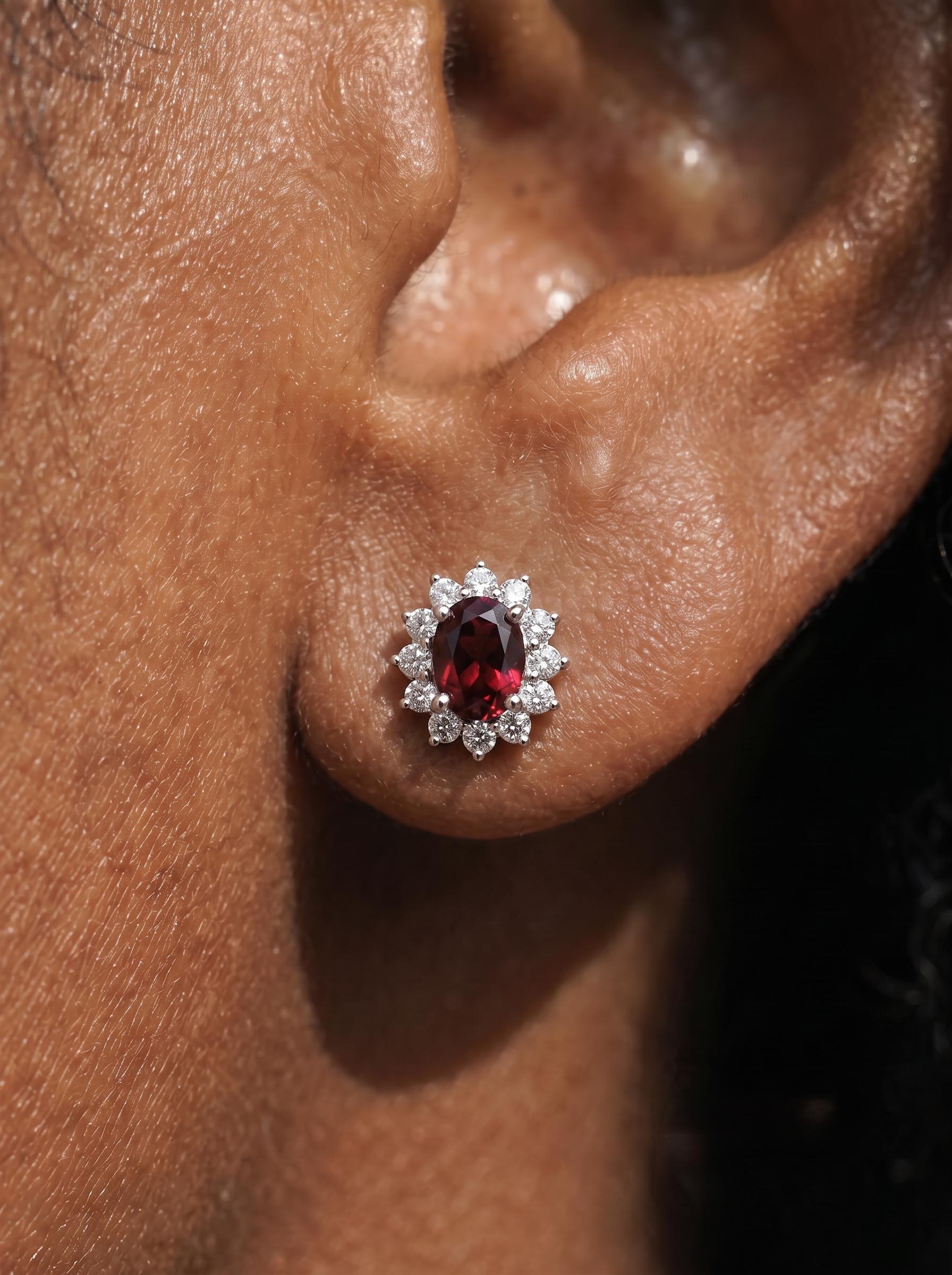 Red Garnet & Diamond Halo Stud Earrings | Oval Gemstone White Gold Fine Jewelry | January Birthstone Gift for Her