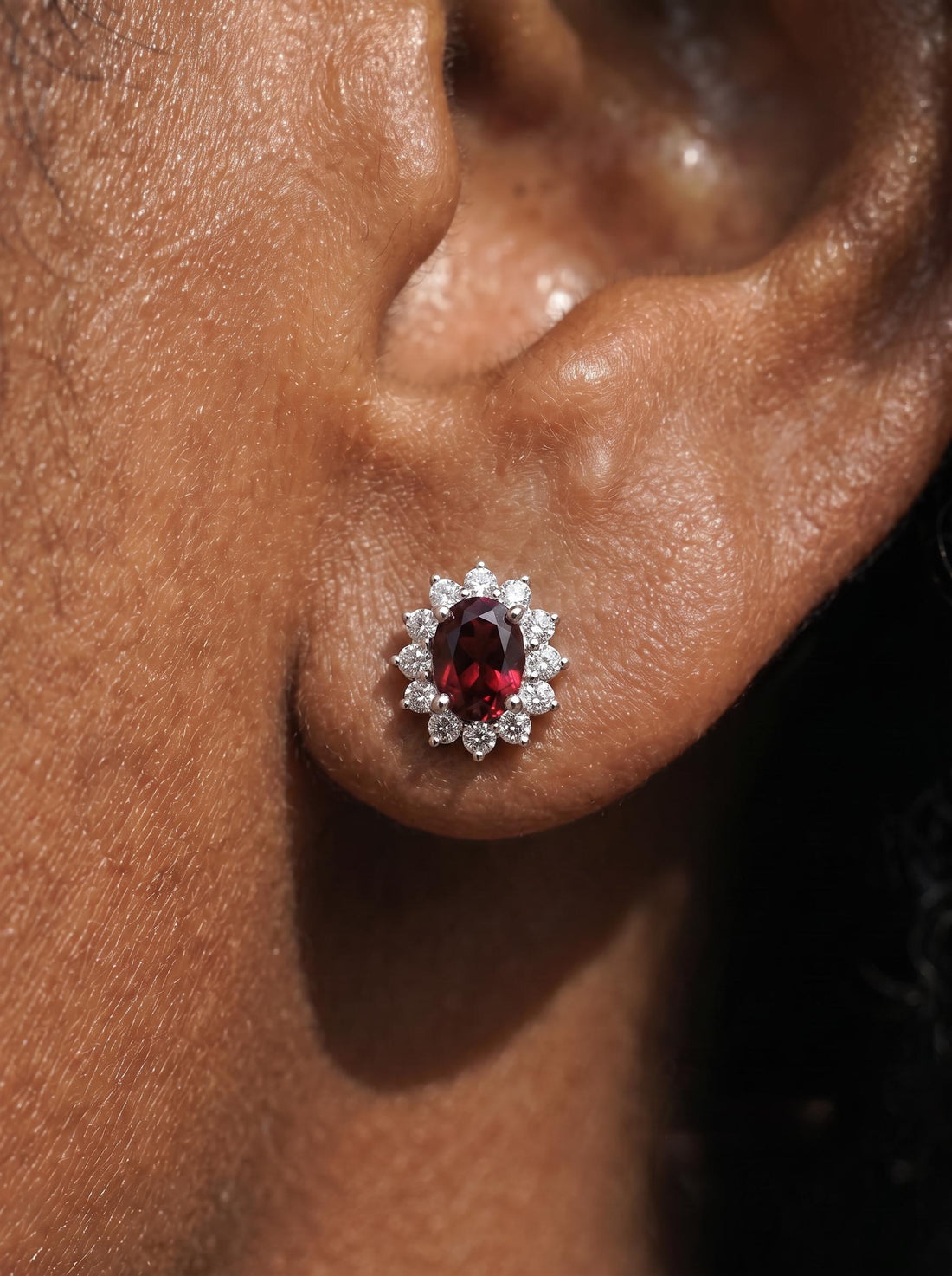 Red Garnet & Diamond Halo Stud Earrings | Oval Gemstone White Gold Fine Jewelry | January Birthstone Gift for Her