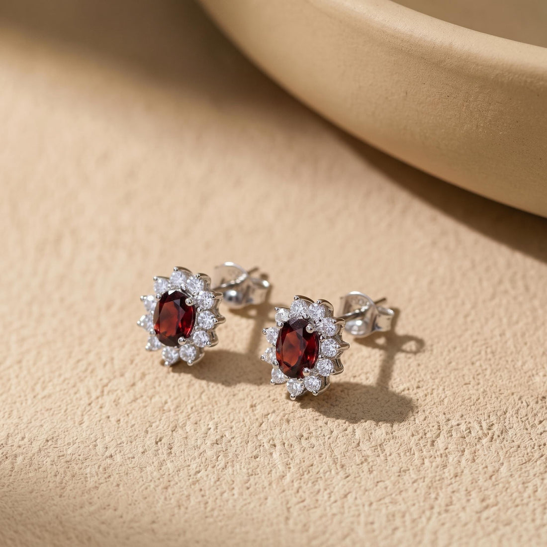 Red Garnet & Diamond Halo Stud Earrings | Oval Gemstone White Gold Fine Jewelry | January Birthstone Gift for Her