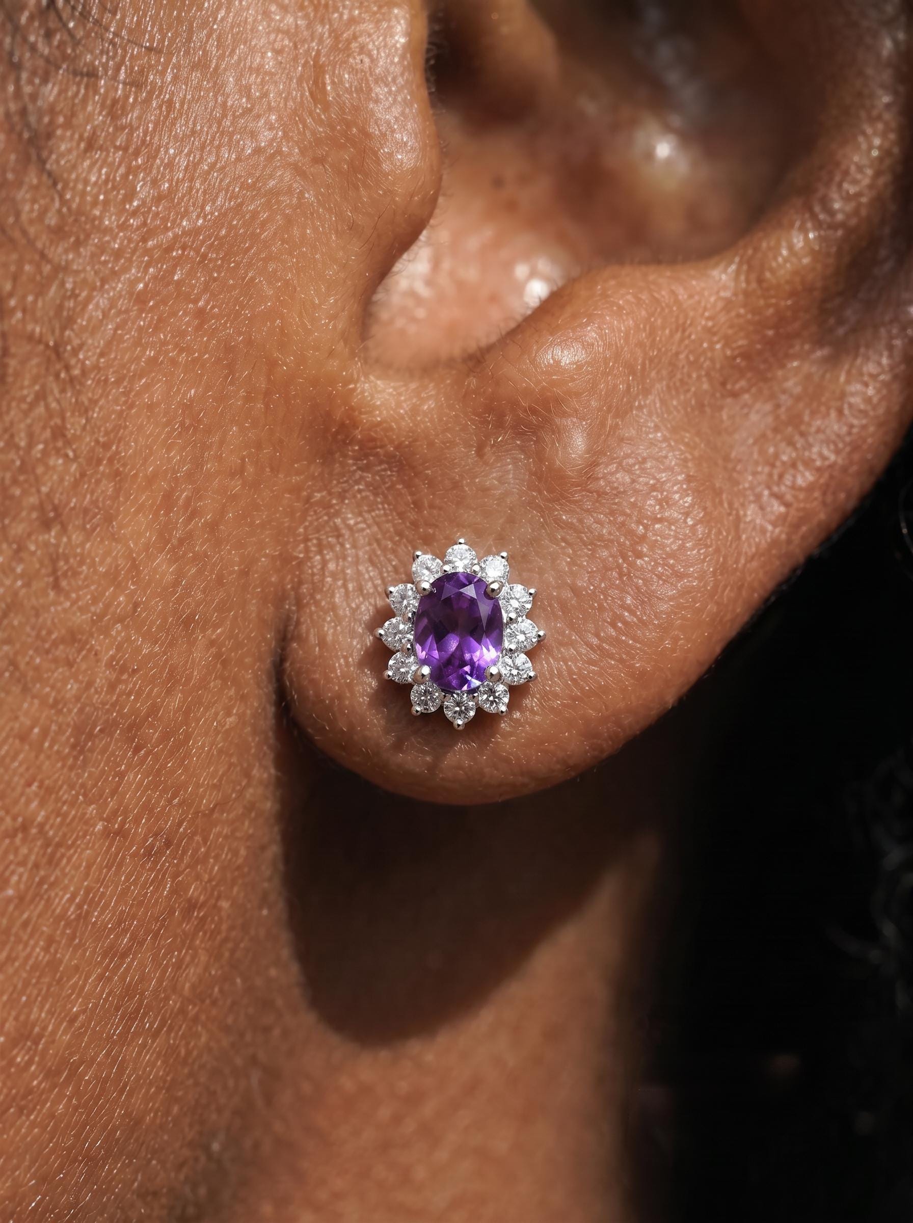 Vibrant Purple Amethyst & Diamond Halo Stud Earrings | Oval Gemstone 14K White Gold Classic Statement Jewelry | Elegant Gift for Her