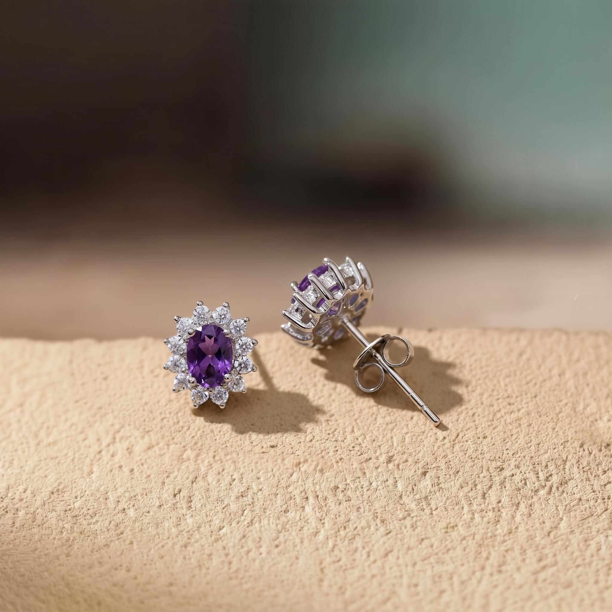 Vibrant Purple Amethyst & Diamond Halo Stud Earrings | Oval Gemstone 14K White Gold Classic Statement Jewelry | Elegant Gift for Her