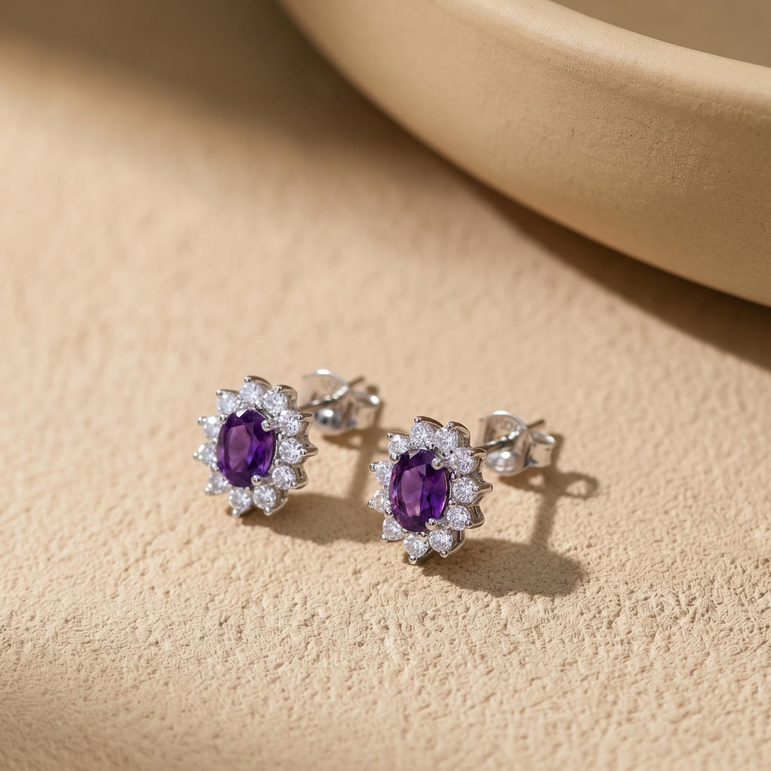 Vibrant Purple Amethyst & Diamond Halo Stud Earrings | Oval Gemstone 14K White Gold Classic Statement Jewelry | Elegant Gift for Her