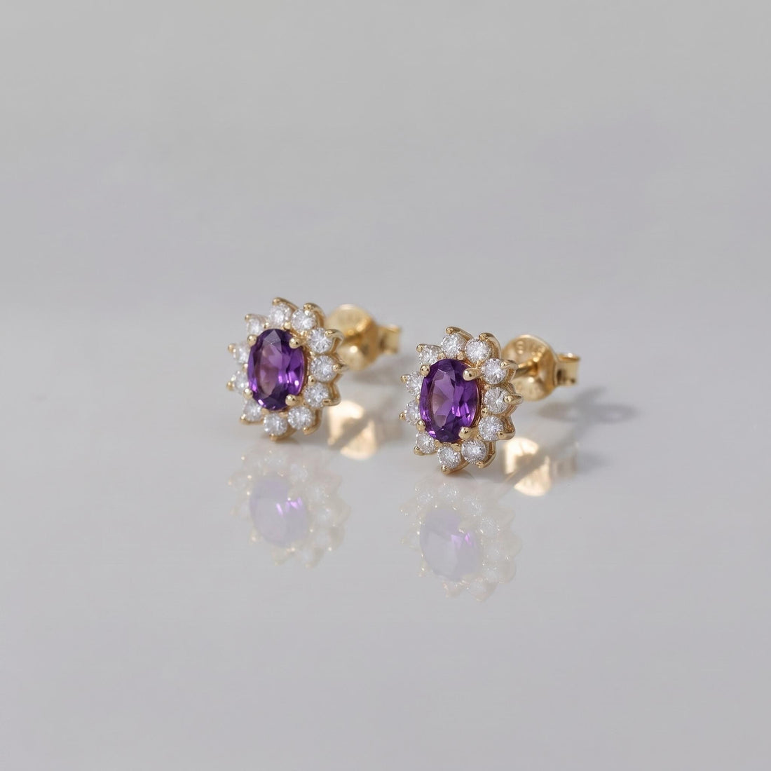 Vibrant Purple Amethyst & Diamond Halo Stud Earrings | Oval Gemstone 14K White Gold Classic Statement Jewelry | Elegant Gift for Her