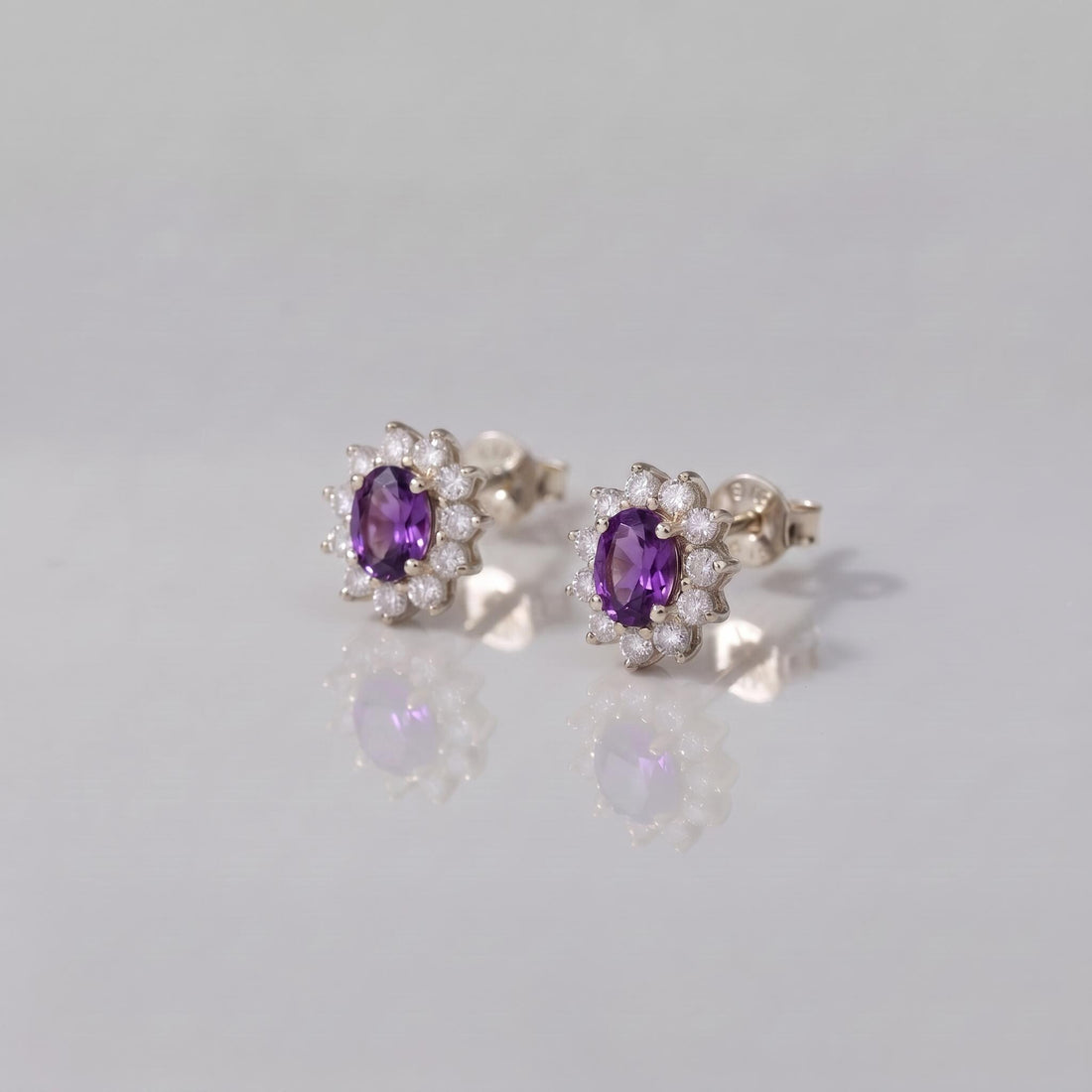 Vibrant Purple Amethyst & Diamond Halo Stud Earrings | Oval Gemstone 14K White Gold Classic Statement Jewelry | Elegant Gift for Her