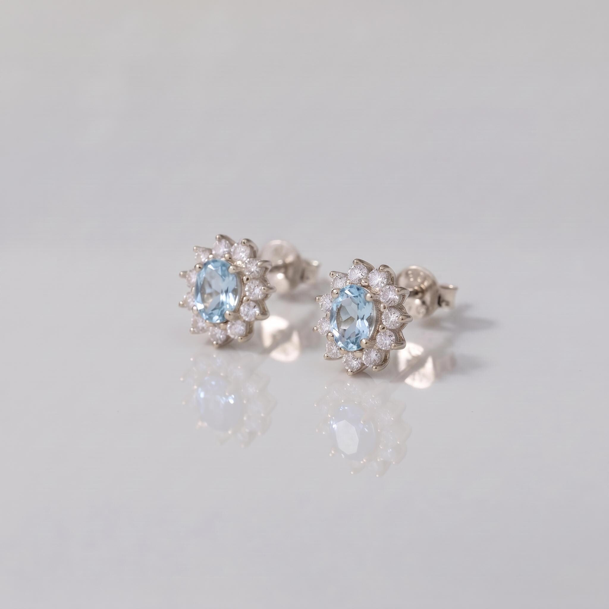 Oval Aquamarine & Diamond Halo Stud Earrings | 14K White Gold March Birthstone Dainty Fine Jewelry Gift for Her