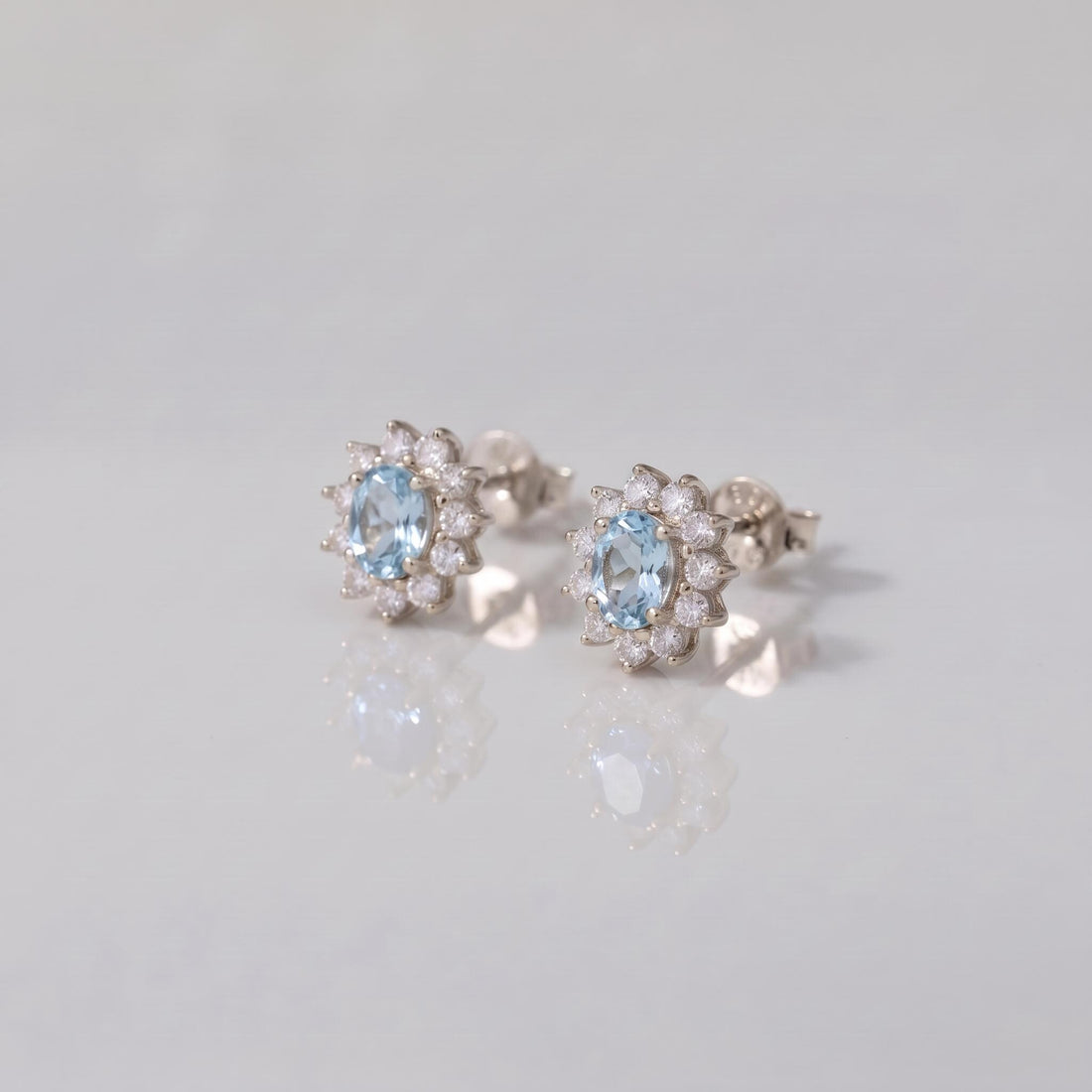 Oval Aquamarine & Diamond Halo Stud Earrings | 14K White Gold March Birthstone Dainty Fine Jewelry Gift for Her