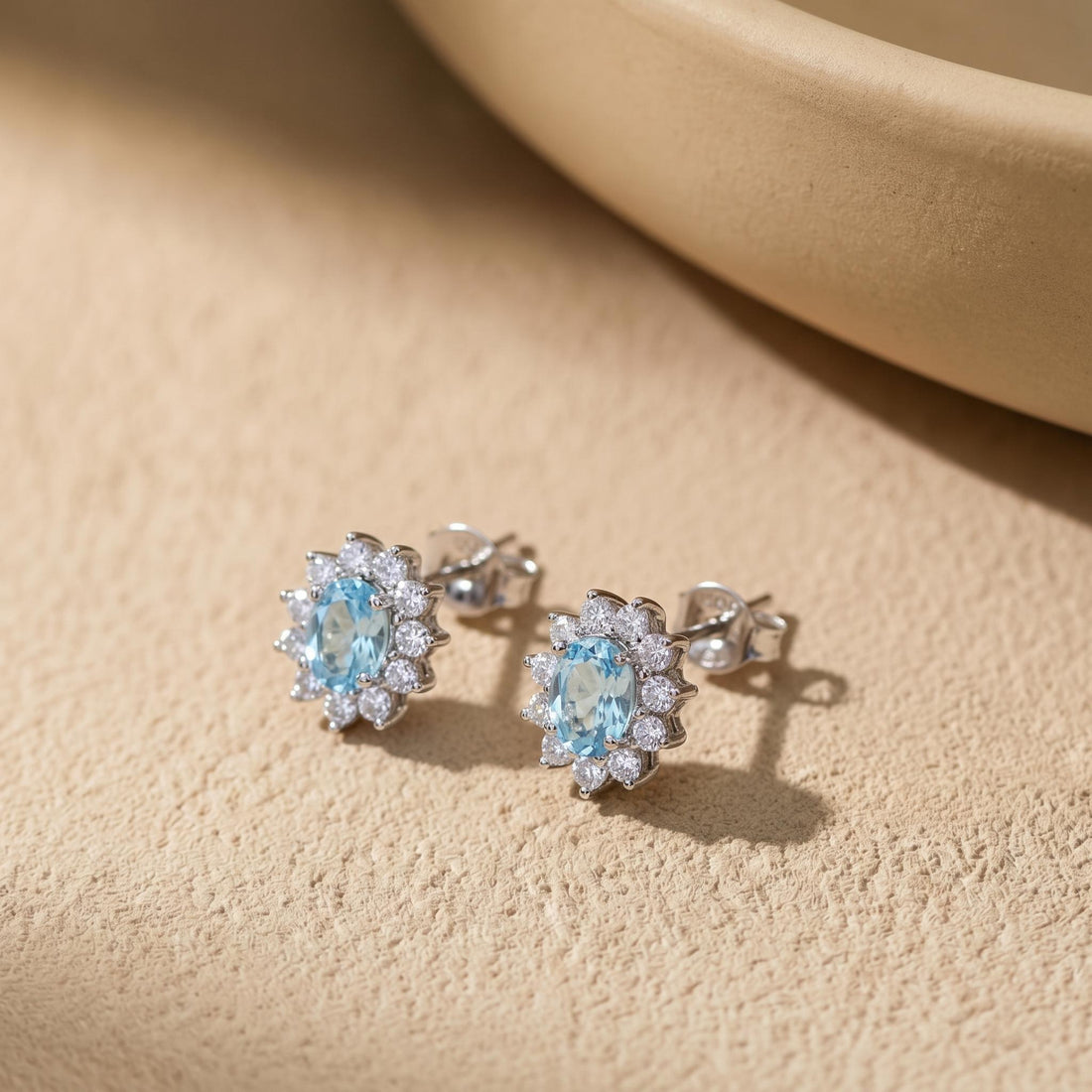 Oval Aquamarine & Diamond Halo Stud Earrings | 14K White Gold March Birthstone Dainty Fine Jewelry Gift for Her