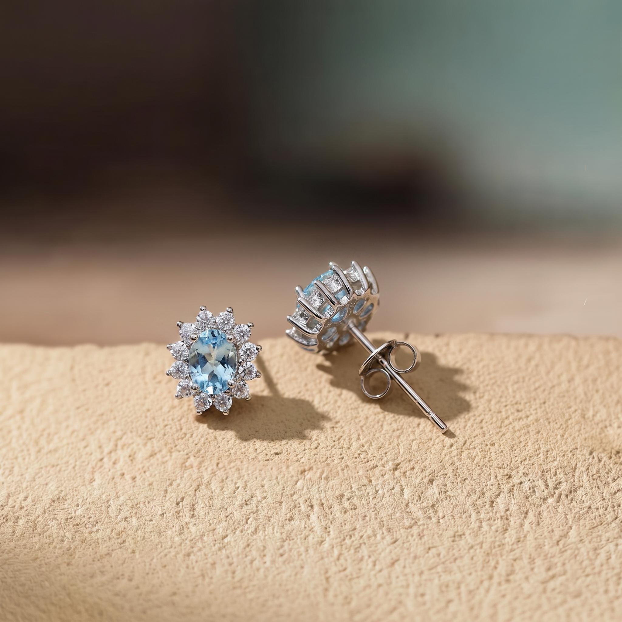 Oval Aquamarine & Diamond Halo Stud Earrings | 14K White Gold March Birthstone Dainty Fine Jewelry Gift for Her