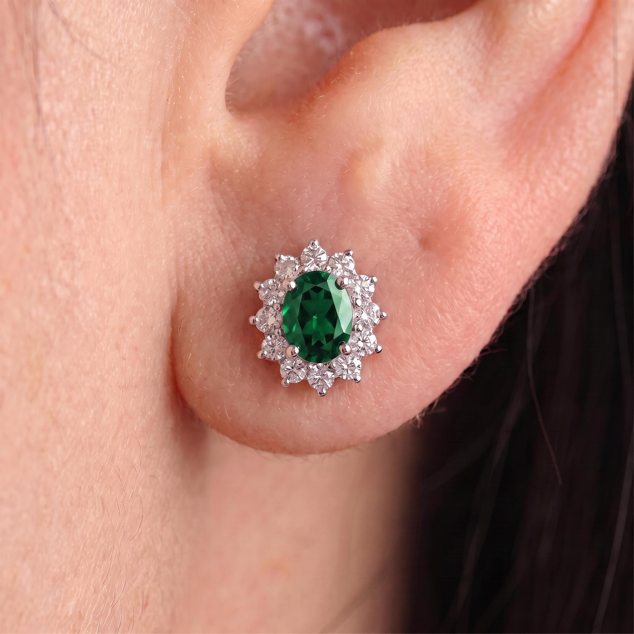Emerald Stud Earrings, CZ Halo Earrings, Oval Green Gemstone Studs, May Birthstone Jewelry