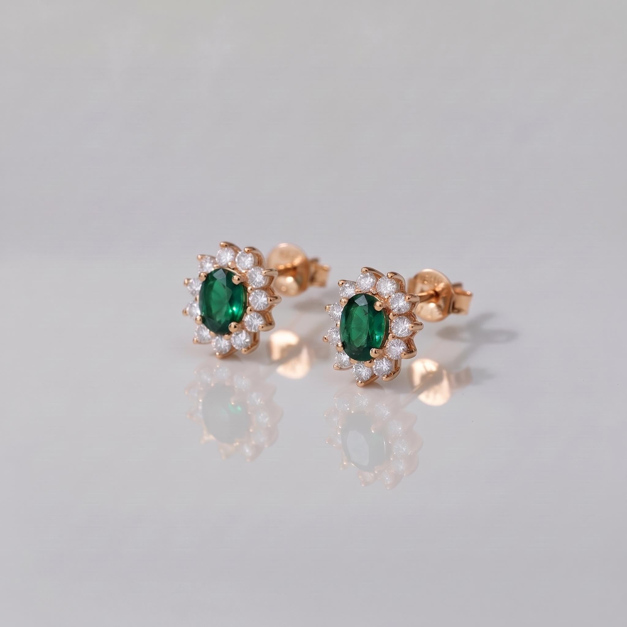 Emerald Stud Earrings, CZ Halo Earrings, Oval Green Gemstone Studs, May Birthstone Jewelry
