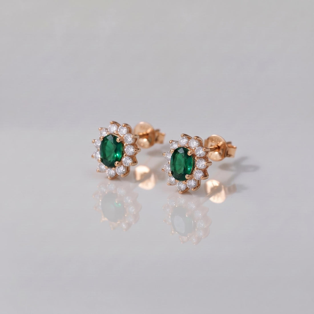 Emerald Stud Earrings, CZ Halo Earrings, Oval Green Gemstone Studs, May Birthstone Jewelry