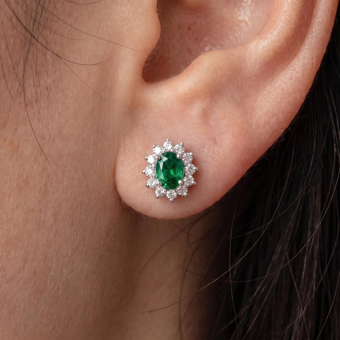 Emerald Stud Earrings, CZ Halo Earrings, Oval Green Gemstone Studs, May Birthstone Jewelry
